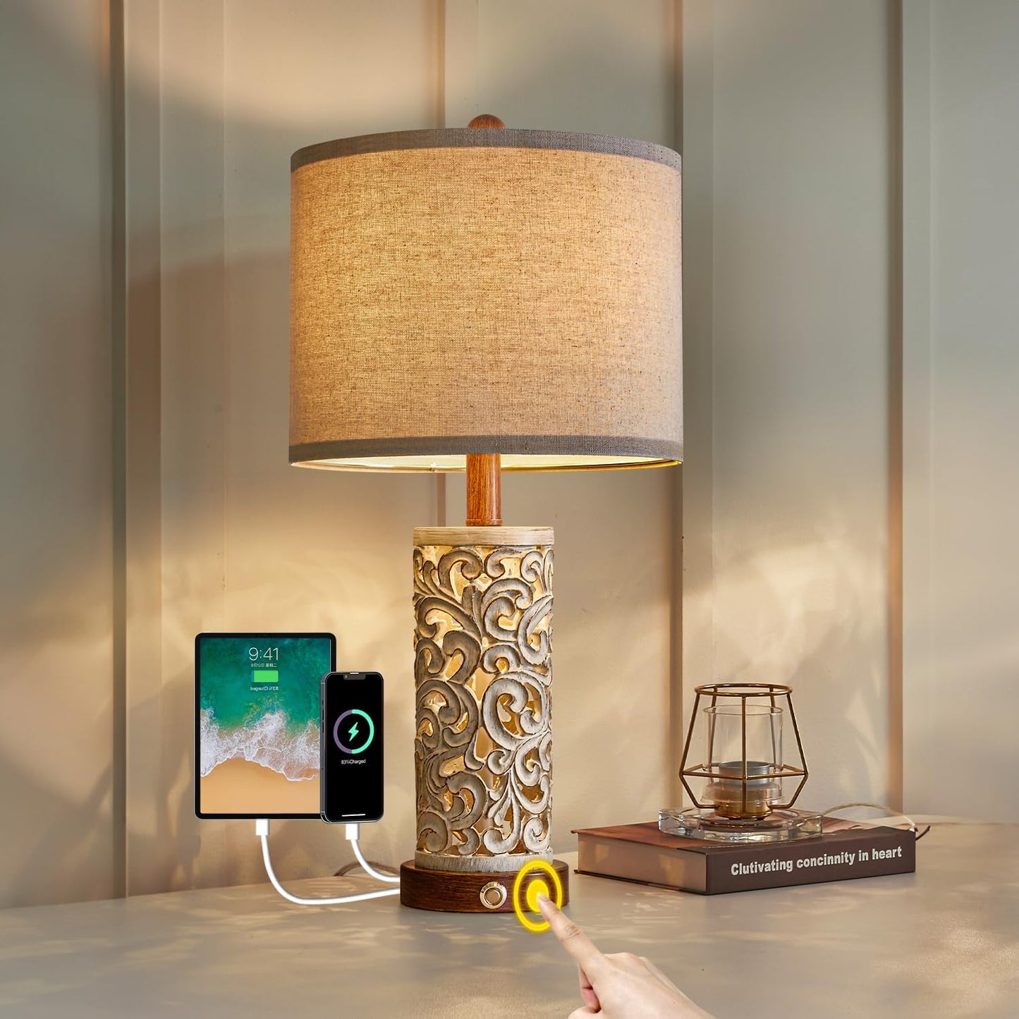 OYEARS 3-Way Dimmable 22'' USB A+C Touch Control Table Lamp with Nightlight for Living Room Bedroom Farmhouse Bedside Nightstand Lamps (Brown Bulb Included