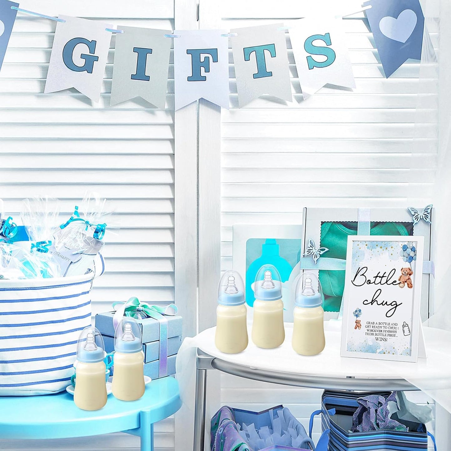 Roowest Bottle Chug Baby Shower Games Favors Including 18 Pcs Feeding Bottles with Blue Bear Theme Wooden Sign for Gender Reveal Baby Shower Party Supplies