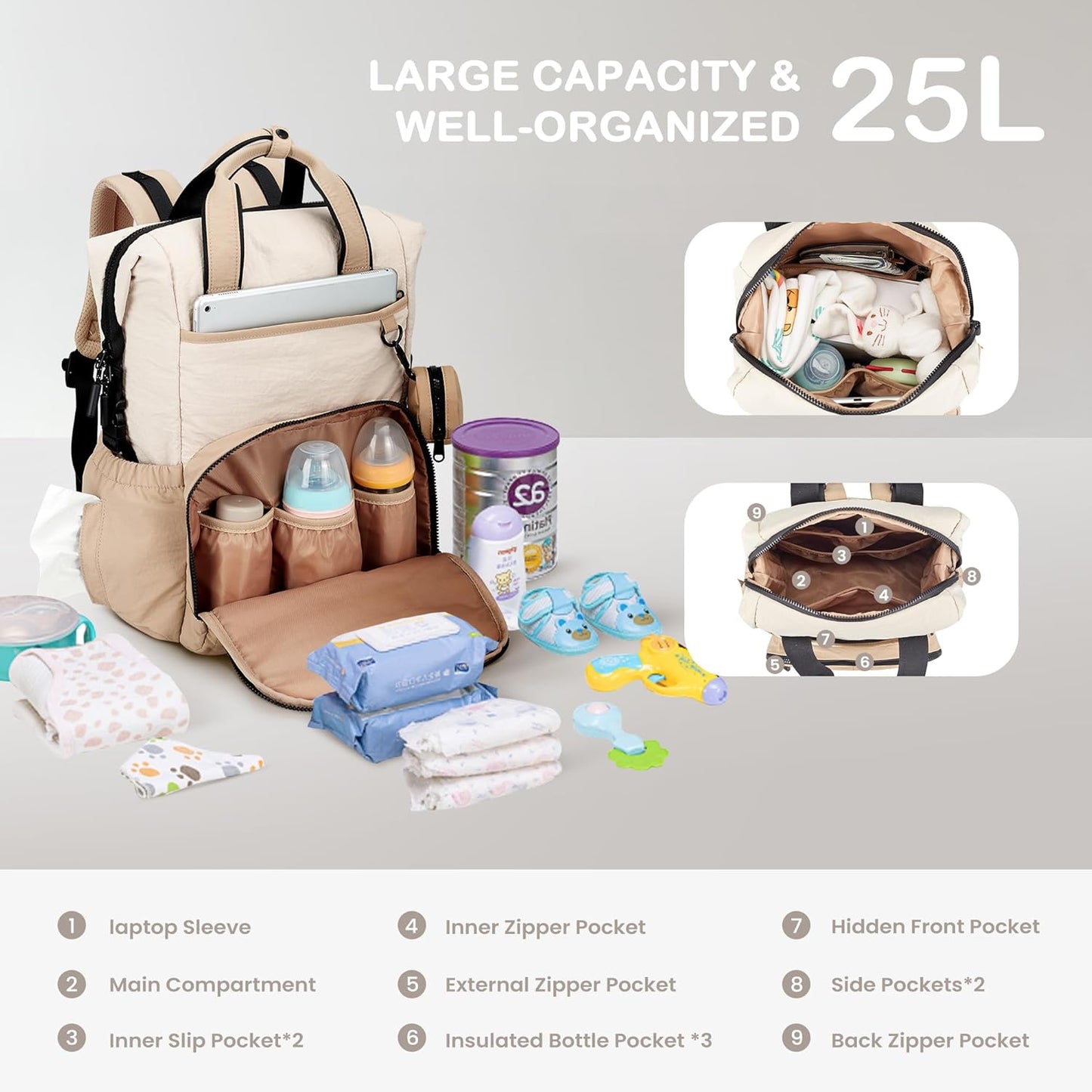 VONAL Diaper Bag Backpack, Lightweight Baby Diaper Bags, Travel Large Diaper Bag with Changing Station, Khiki Diaper Backpack for Boys Girls Newborn with Insulated Pockets, Stroller Straps