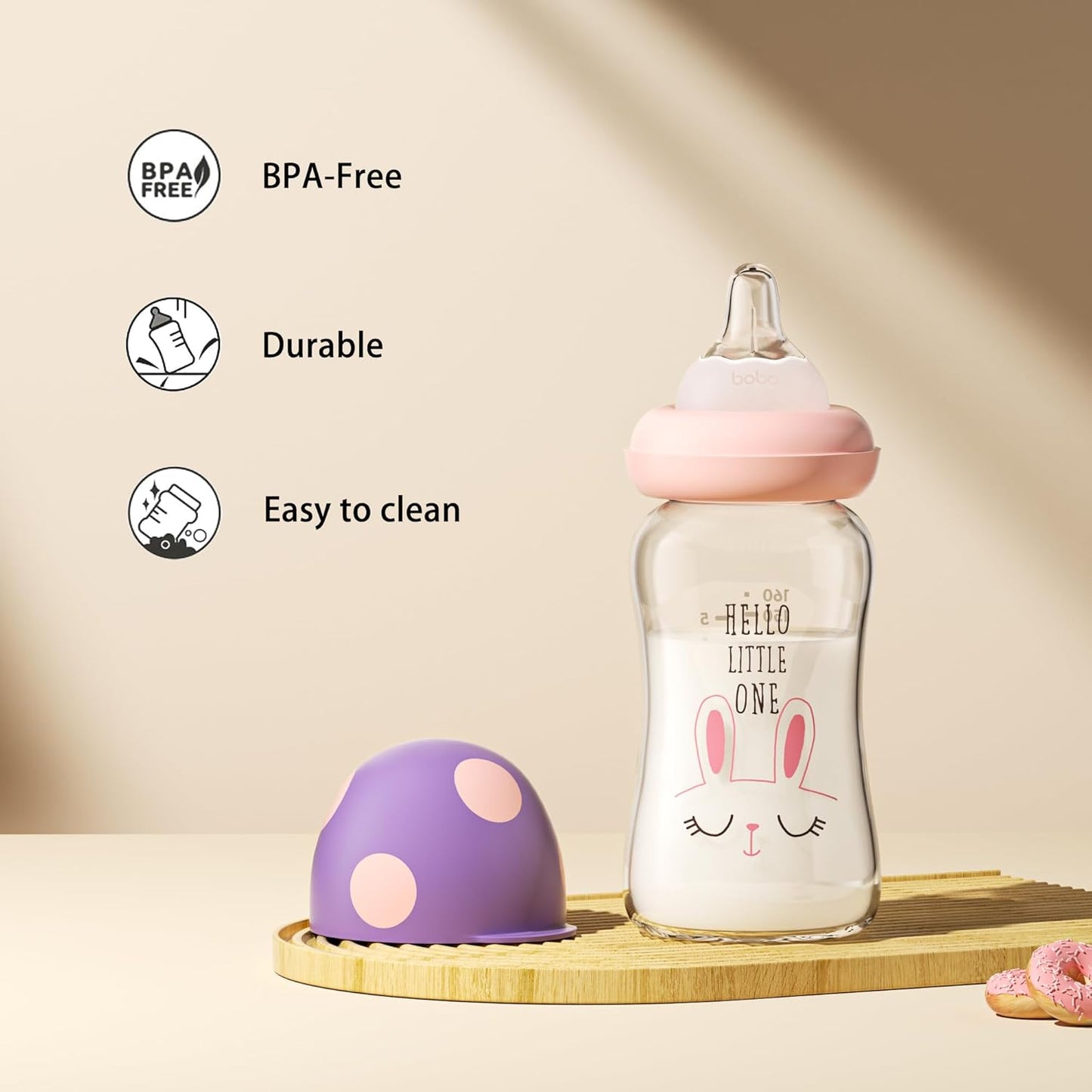 YOHKOH Natural Glass Baby Bottle with Natural Response Nipple, Newborn Anti-Colic Baby Bottles, Wide Neck Mushroom Cap Baby Bottle, Clear ((5.4oz (Pack of 4), Purple)