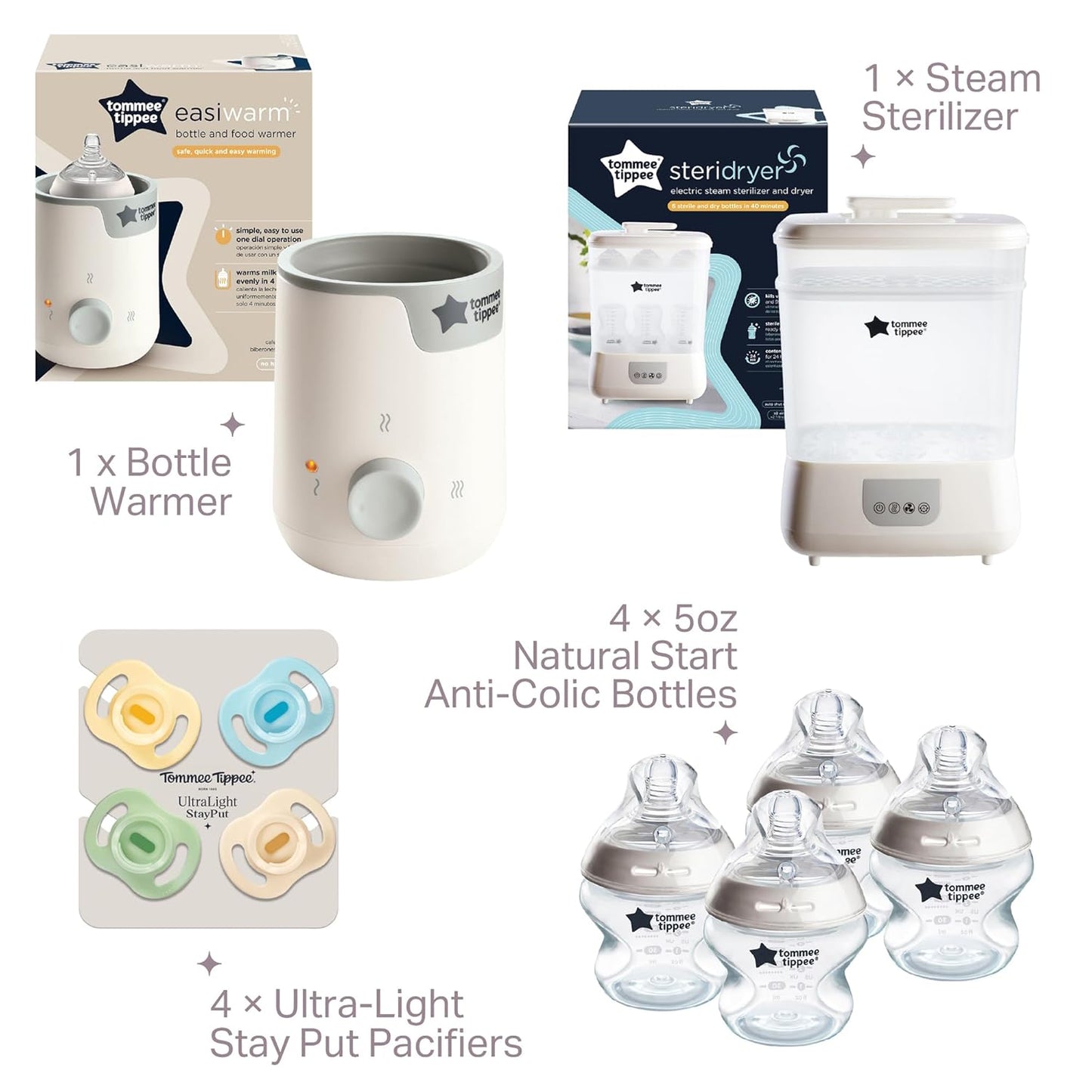 Tommee Tippee Ultimate Feeding Kit, Steridryer Electric Steam Sterilizer and Dryer, Easiwarm Baby Bottle Warmer, Ultra-Light StayPut Pacifier & 5oz Natural Start Anti Colic/Gas Baby Bottles