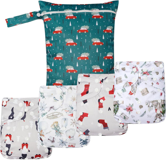 HappyFlute 9 Sets Newborn Baby Cloth Pocket Diapers Adjustable Reusable for Baby Boys and Girls(6-33 pounds,0-3 Years),One Wet Bag+4Diapers and 4Inserts