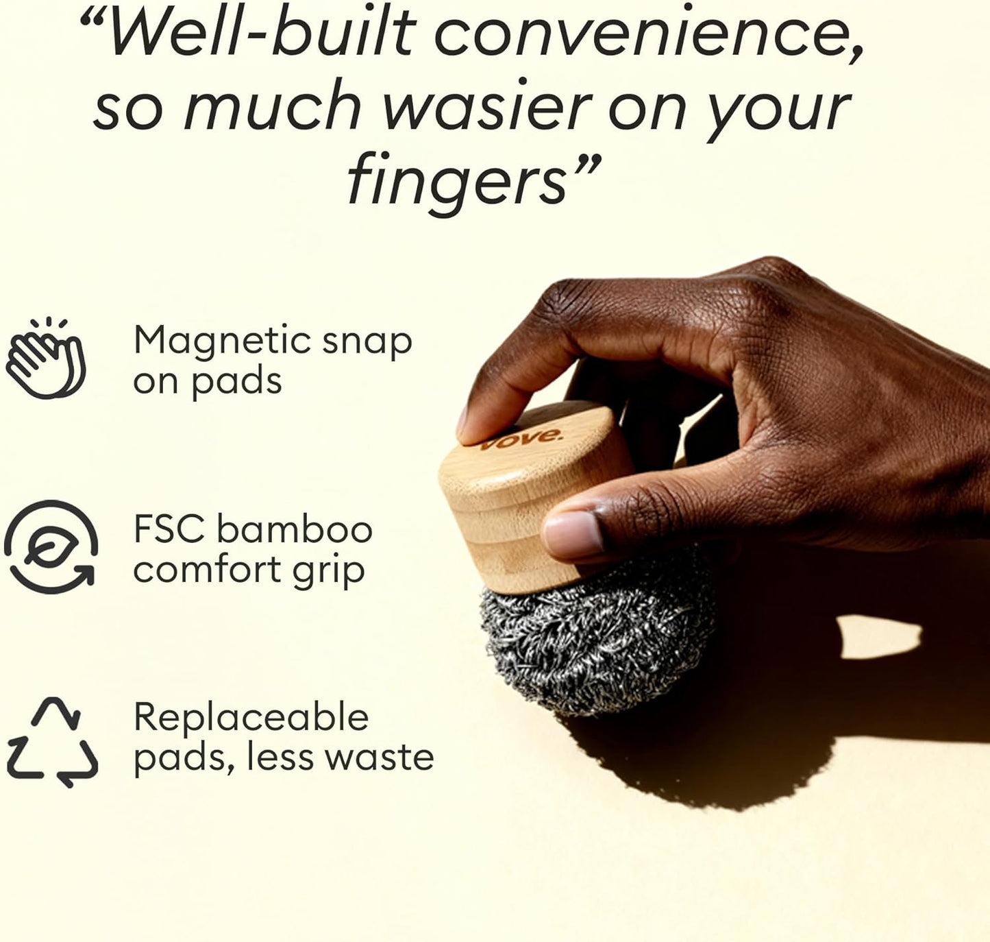 Vove Magnetic Scourer & Bamboo Dish Brush Set, Stainless Steel Scrubber with FSC-Certified Bamboo Handle and 3 Pads, Sisal Fiber Brush, for Cast Iron, Pots & Pans, Eco-Friendly Kitchen Cleaning Bundle