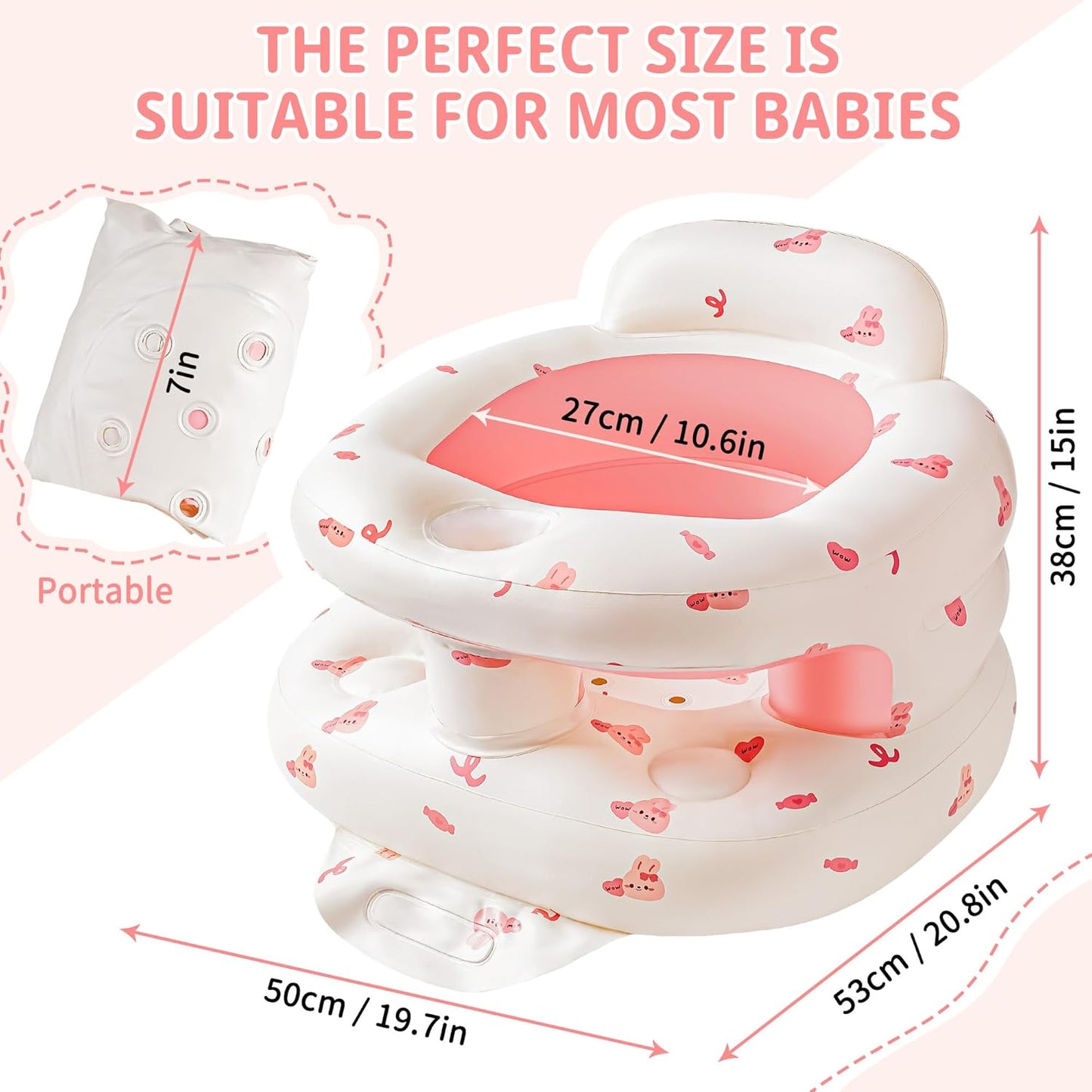 Inflatable Baby Seat with Full Enclosure, Comfortable Sit Me Up Baby Chair for Learning to Sit, Built in Air Pump Blow Up Infant Back Support Floor Seat for Babies 3 Months & Up (Bunny)
