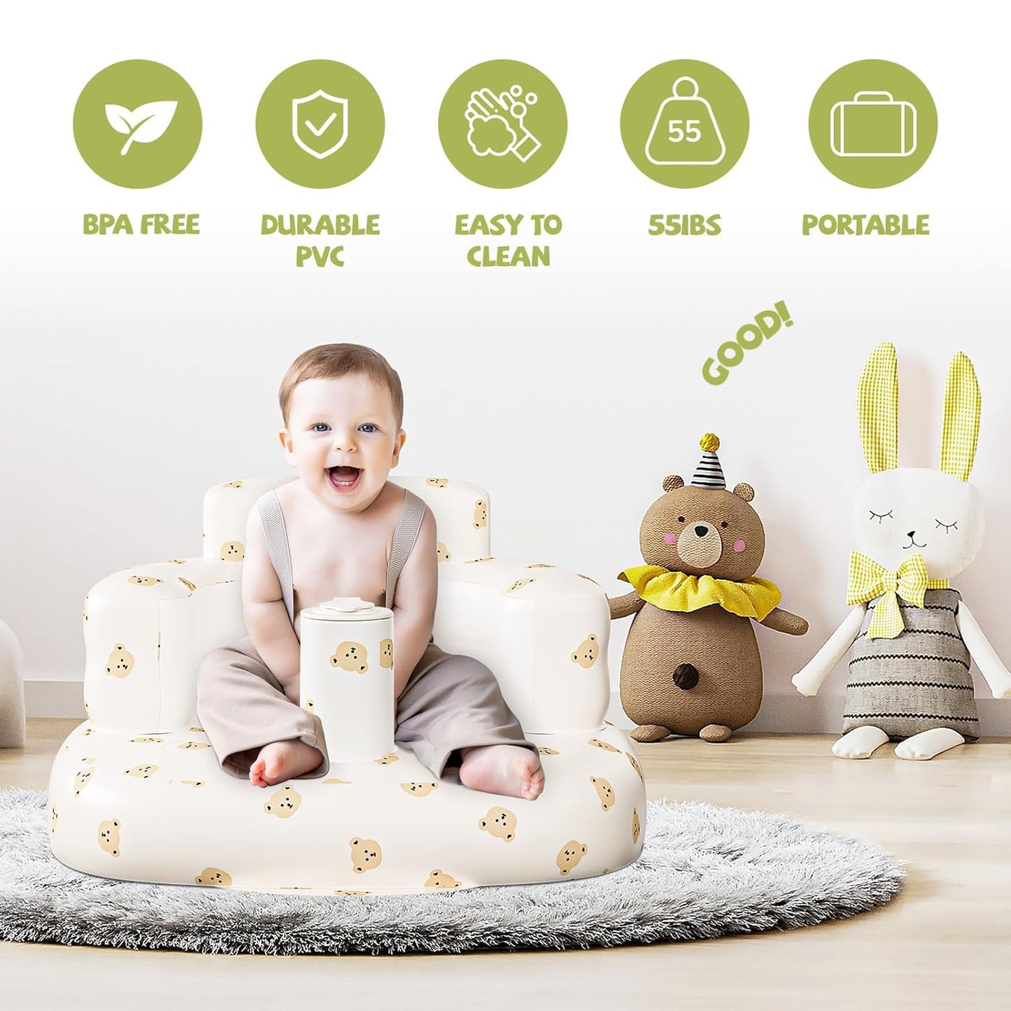 Inflatable Baby Seat for Babies 3 Months and Up, Inflatable Baby Chair, Floor Seats for Sitting Up, Baby Seats for Infants, Blow Up Baby Chair with Built in Air Pump
