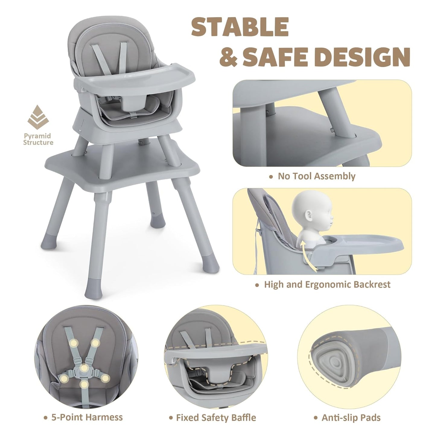 Baby High Chair, 8 in 1 Convertible Highchairs for Babies and Toddlers, Children Dining Booster Seat/Kids Building Block Table for Girls Boys, Baby Seat with Removable Tray, Light Grey