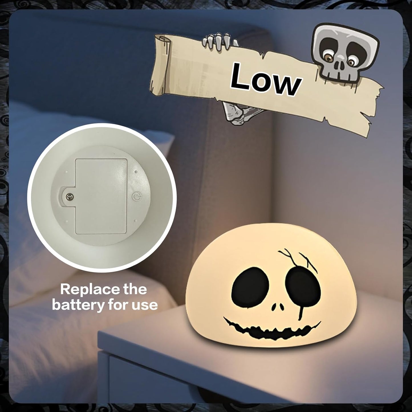 Cute Creative Christmas Skeleton Face Silicon Tap Light - Battery Powered, Multi-Color Changing, Safe and Soft for Indoor Holiday Decoration (White Skellington)