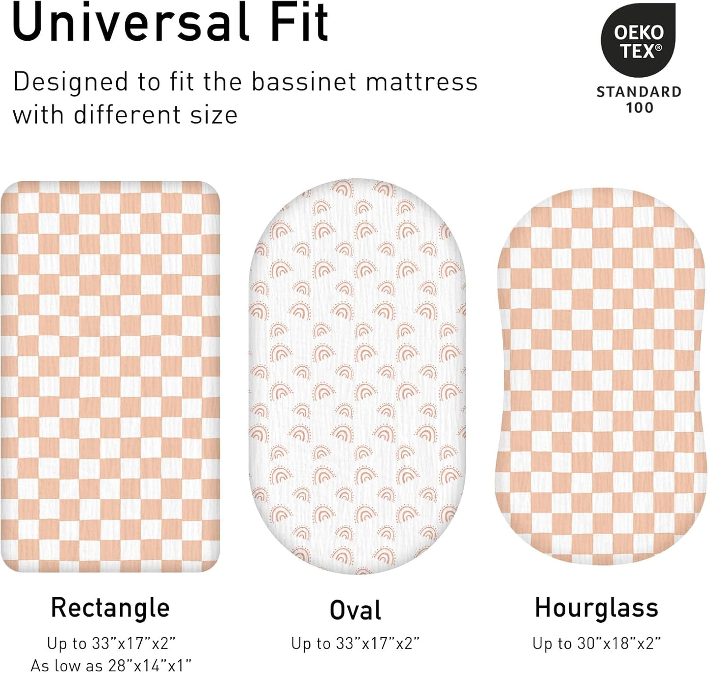 Muslin Bassinet Fitted Sheets, 2 Pack for Baby Boy and Girl, Soft Breathable Baby Pad/Mattress Sheet, Fit for Hourglass Oval and Rectangle Bassinet Mattress (Lattice Rainbow)