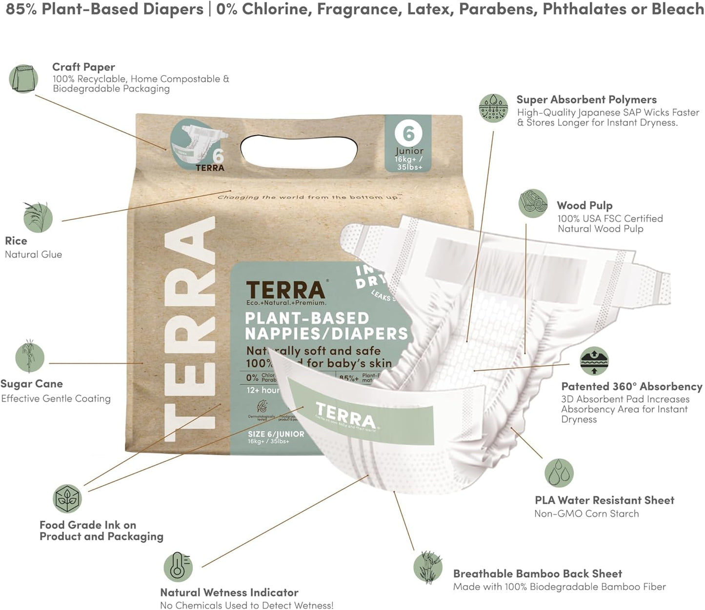 Terra Size 6 Plant-Based Diapers: Ultra-Soft & Chemical-Free for Sensitive Skin, Superior Absorbency for Day or Night, Designed for Toddlers 35+ Pounds, 112 Count