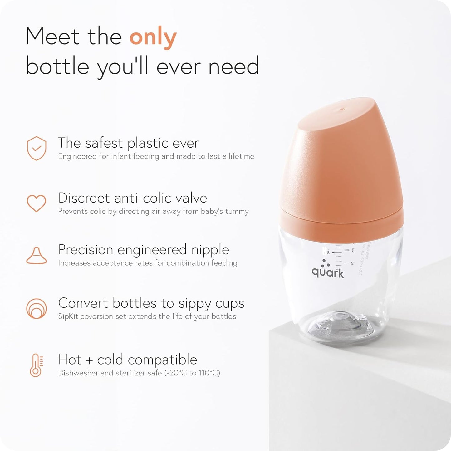 BuubiBottle Mini Slow Flow Bottle for Newborn Babies by Quark - with Anti-Colic RealFeel Nipple to Simulate Breastfeeding - BPA-Free, PVC-Free, Toxin-Free - 5 Oz Bottle with Lid, 2 Pack - Orange