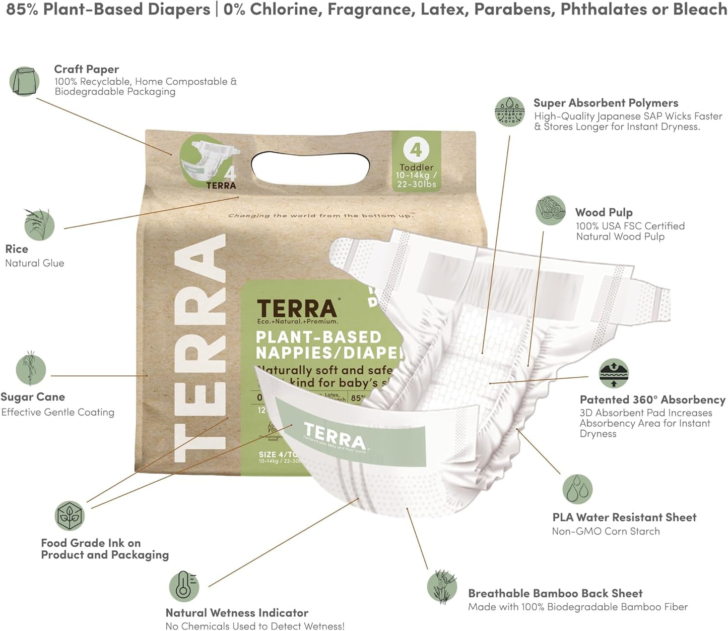 Terra Size 4 Plant-Based Diapers: Ultra-Soft & Chemical-Free for Sensitive Skin, Superior Absorbency for Day or Night, 144 Count