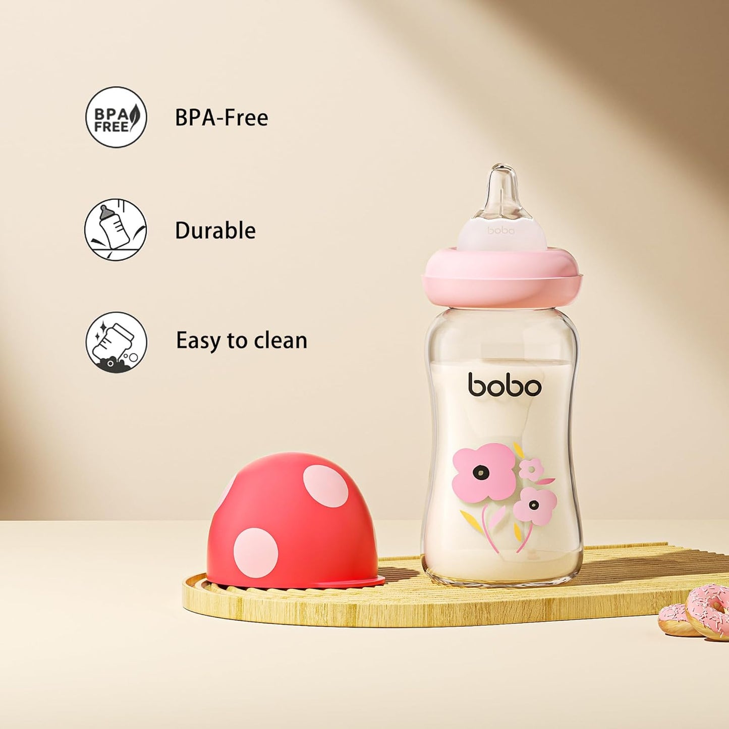 YOHKOH Natural Glass Baby Bottle with Natural Response Nipple, Newborn Anti-Colic Baby Bottles, Wide Neck Mushroom Cap Baby Bottle, Clear ((5.4oz (Pack of 4), Red-1)