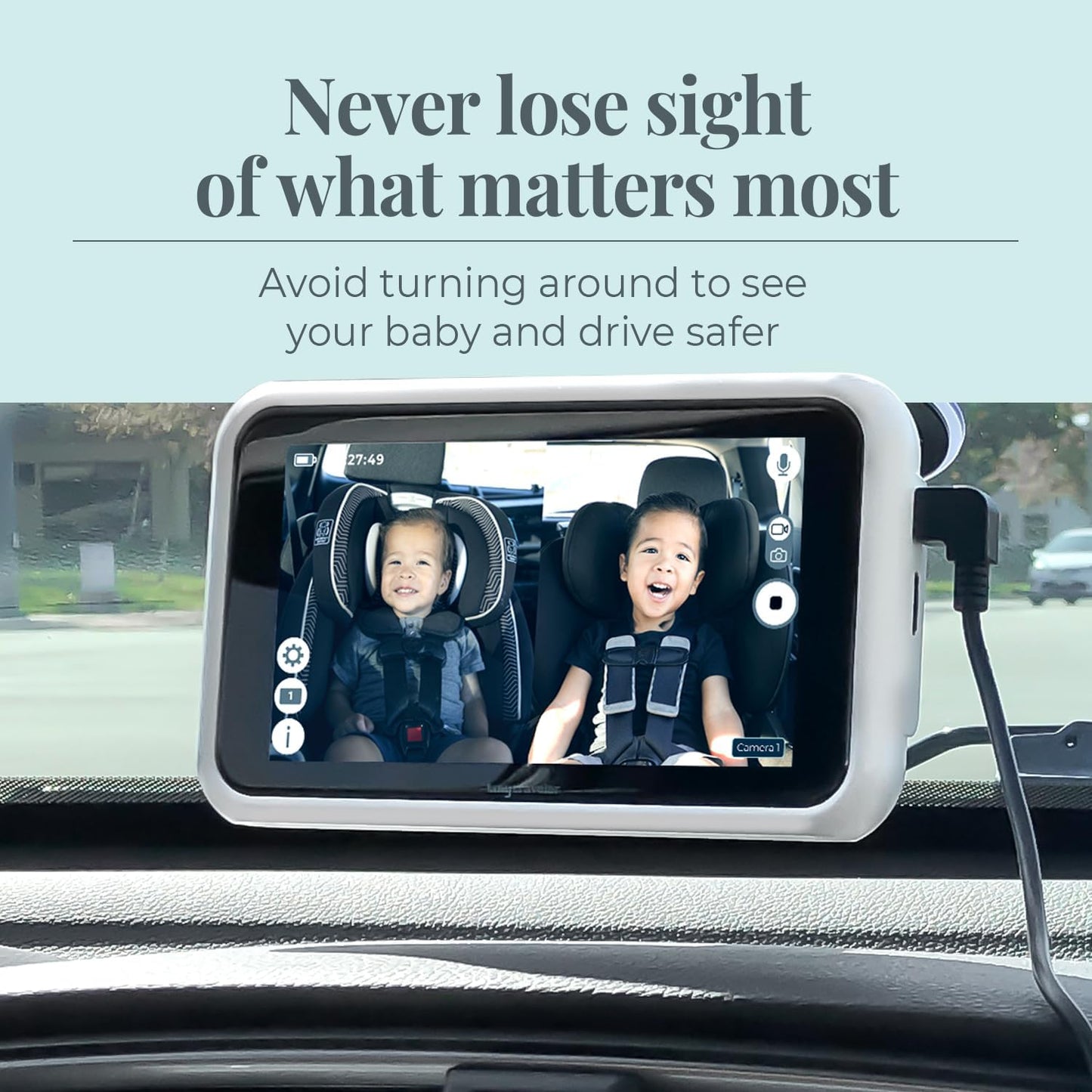 Tiny Traveler Baby Car Monitor for 2 Kids, 5” Touch Screen, No WiFi, Home Travel Roadtrip – Rear-Facing Car Seat Monitor Night Vision Baby Reminder Alert - White