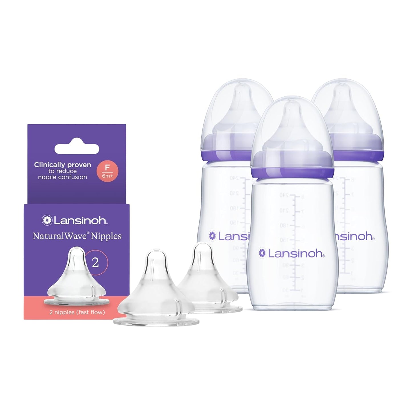 Lansinoh NaturalWave Fast Flow Nipples (2 ct) + 8 oz Anti-Colic Baby Bottles (3 ct) With Medium Flow Nipples, BPA/BPS-Free, Soft Silicone for Comfortable Feeding
