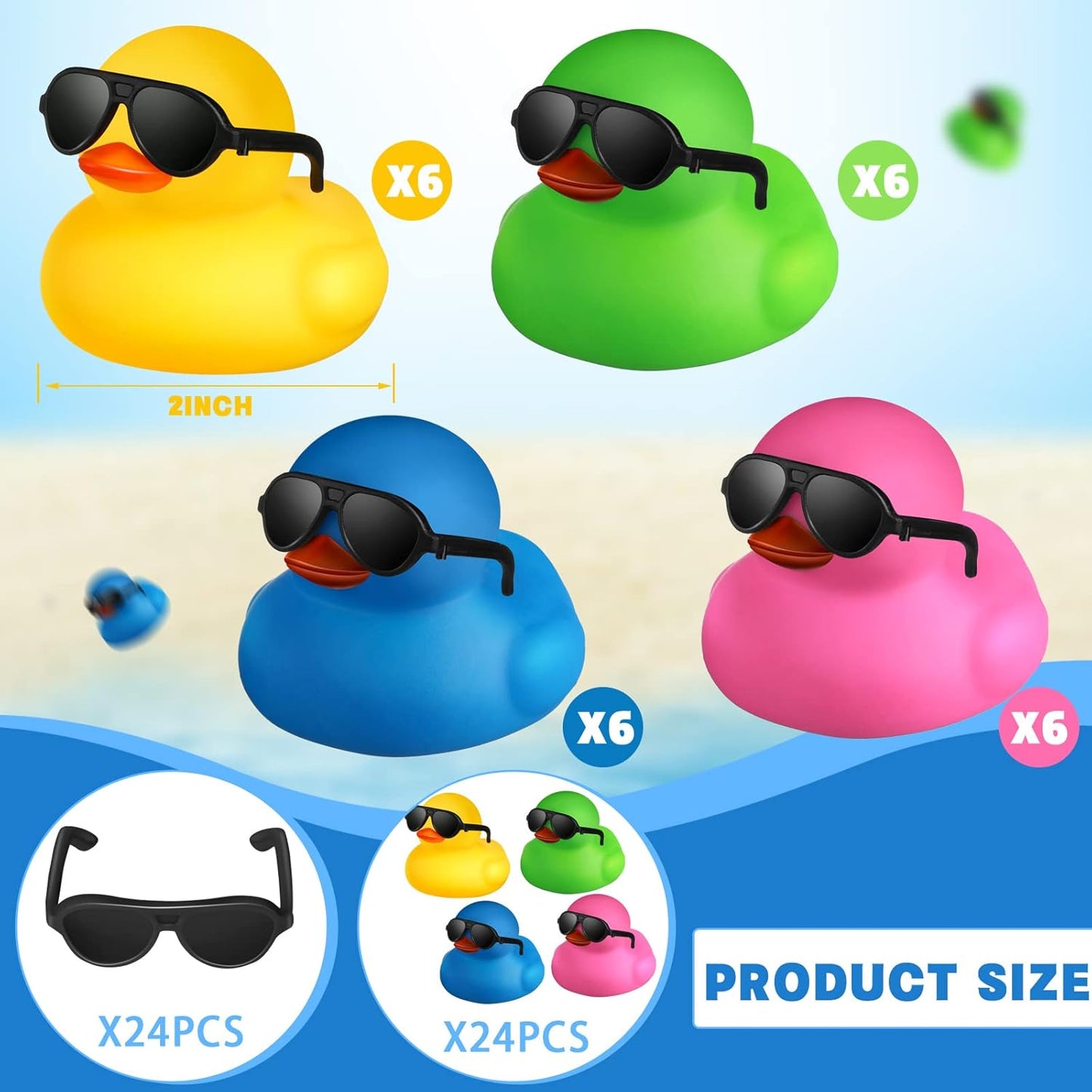 24 Pcs Mini Rubber Ducks with Sunglasses, Rubber Ducks in Bulk Valentine Bathtub Toys for Cruise Valentines Kids Classroom Gift Exchange(Eyeglasses,Mixed Colors)