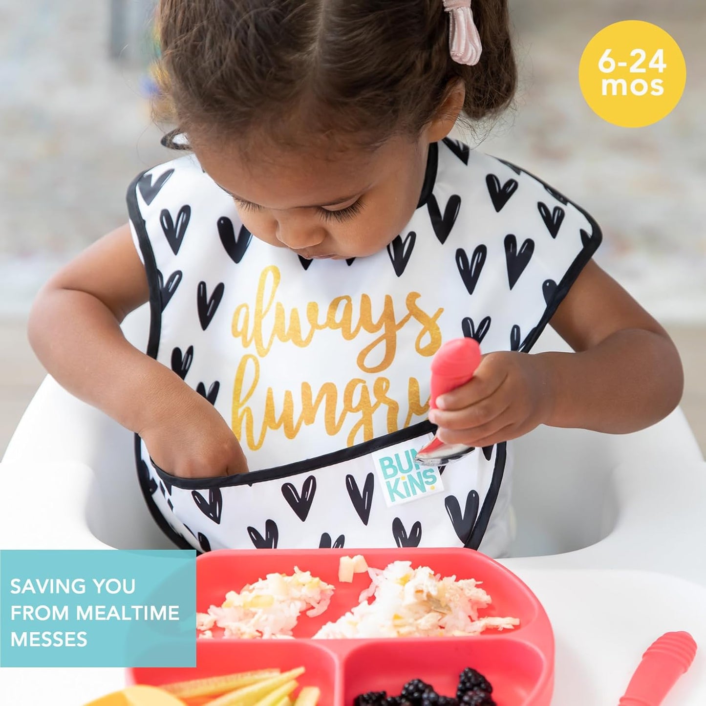 Bumkins - SuperBibs + Sleeved Bib - For Boys & Girls, Babies & Toddlers 6-24 Months - Lightweight, Durable, Waterproof - Catch-All Pocket - Wipeable & Machine Washable - Black Hearts on White - 3 Pack