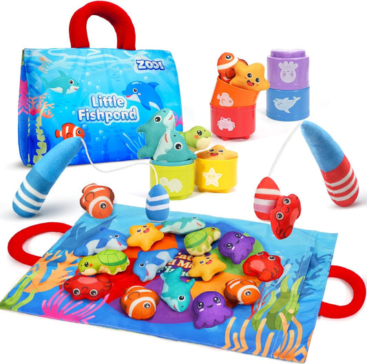 ZOOI Toddler Montessori Toys for 1-3 Year Old, 24PCS Cloth Fishing Game with Stacking Cups for Hand-Brain Coordination, Sensory Baby Toys 6-12 Months, 1-3 Year Old Girl Boy Birthday Gifts
