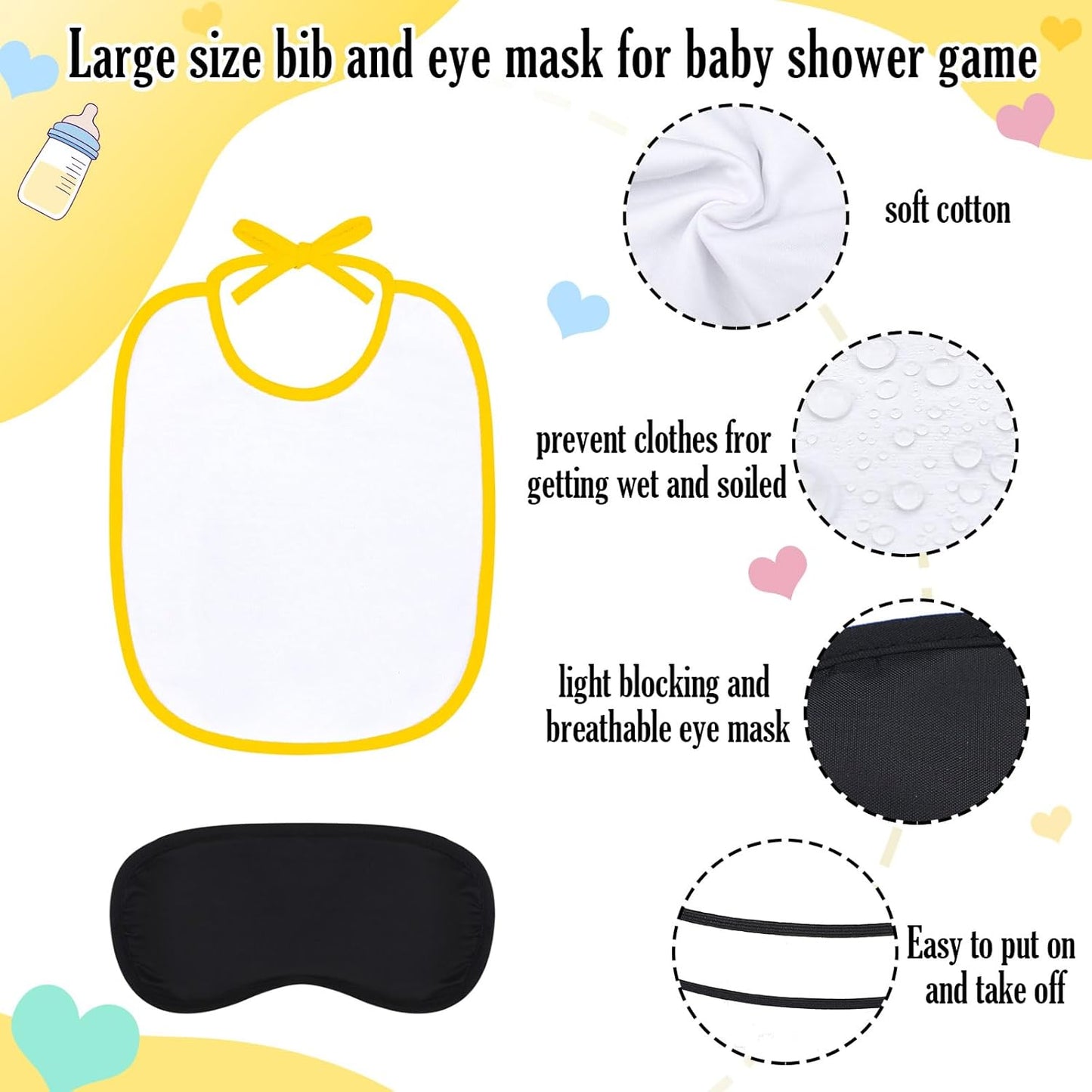 Leinuosen 24 Pcs Baby Shower Blindfold Feeding Game Set Include 6 Plastic Chug Bottles 6 Bib and 12 Eye Mask Blindfold Baby Feeding Bottle Chug Game for Adult Gender Reveal Party Supplies(Yellow)