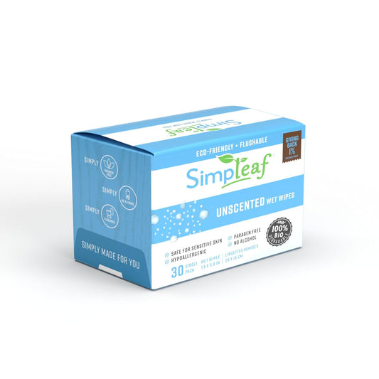 Simpleaf Flushable Unscented Single Pack Wet Wipes | Eco-Friendly Paraben & Alcohol Free | Hypoallergenic & Safe for Sensitive Skin | Soothing Aloe Vera Formula | (30 Single Pack Wipes)