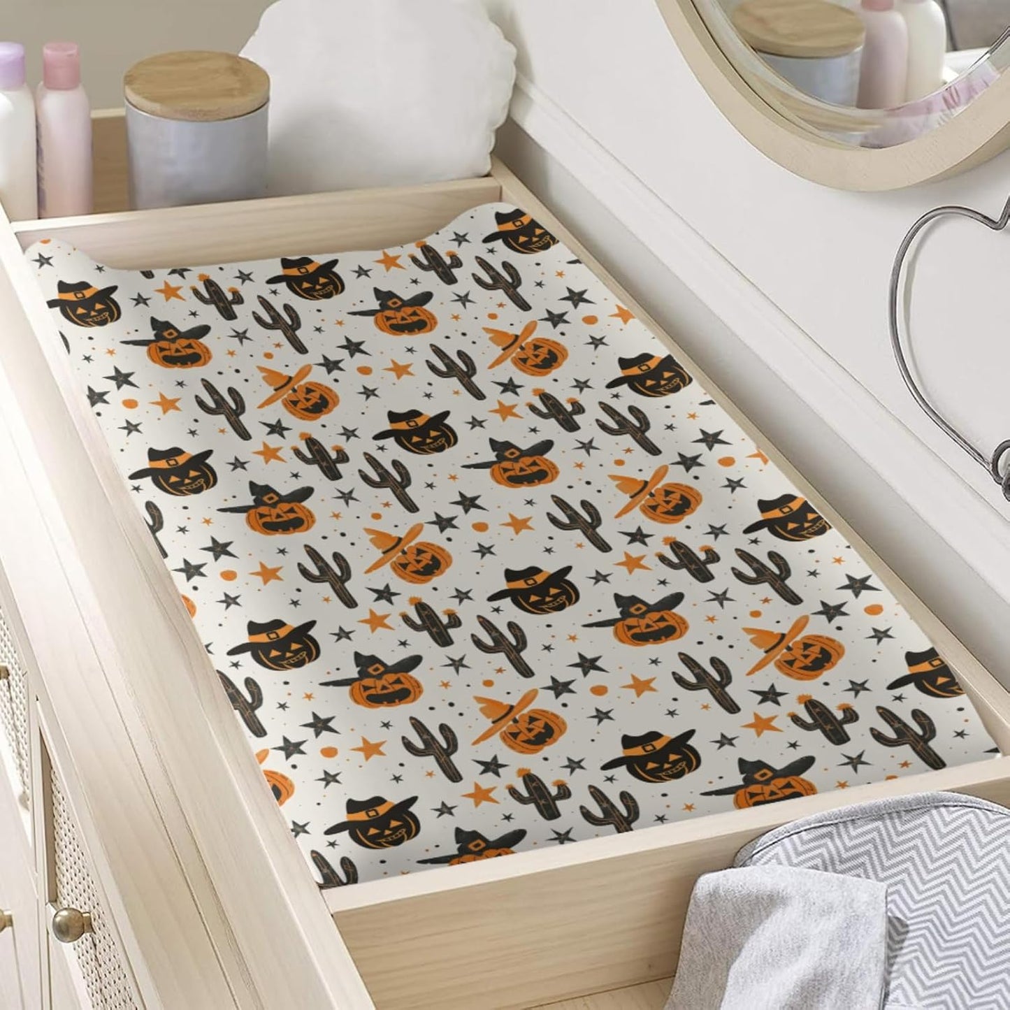 Western Halloween Pumpkins Cactus Hats Stars Baby Changing Pad Cover, Unisex Fall Winter Holiday Nursery Diaper Changing Table Pad Mat Sheet for Boys Girls-16x32