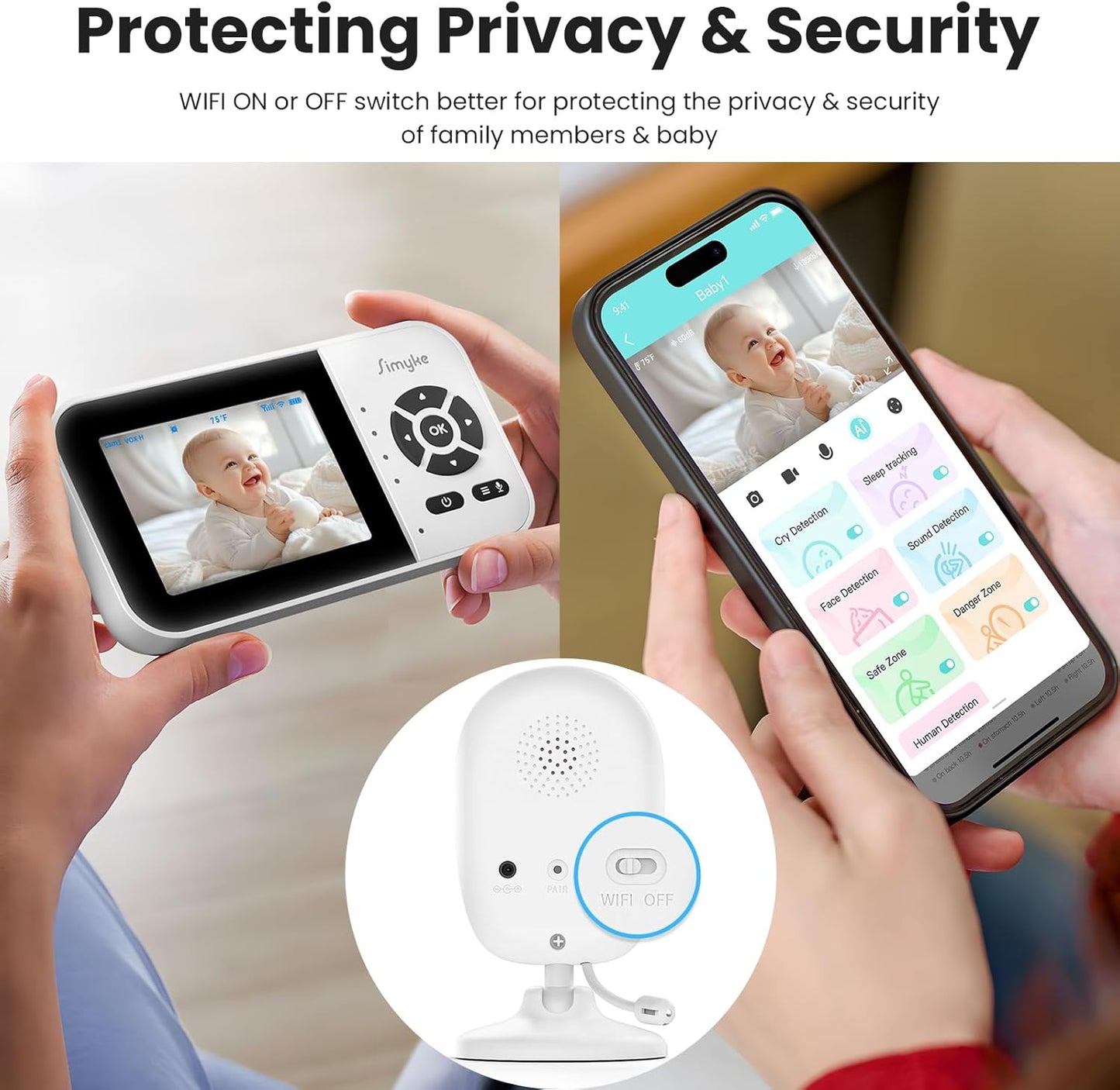 Smart Video Baby Monitor,2.8" Display & 1080p Camera,WiFi/No WiFi Modes,Cry Detection,2-Way Audio Talk,VOX/ECO,Feeding Timer,Temperature Sensor,Night Vision,8 Lullabies, Supports 4 Cameras