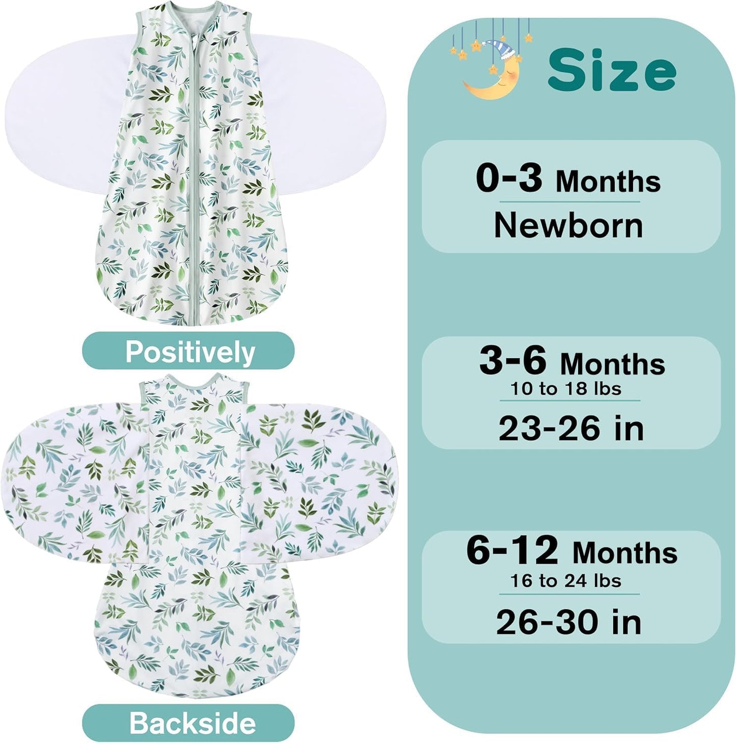 Newborn Sleep Sack Baby Swaddle,Swaddle me 0-3 Month,3-Way Adjustable Wearable Blanket,100% Rayon Cotton Swaddling Sleeping Bag，TOG 0.5 (Leaf, 0-3 Months)