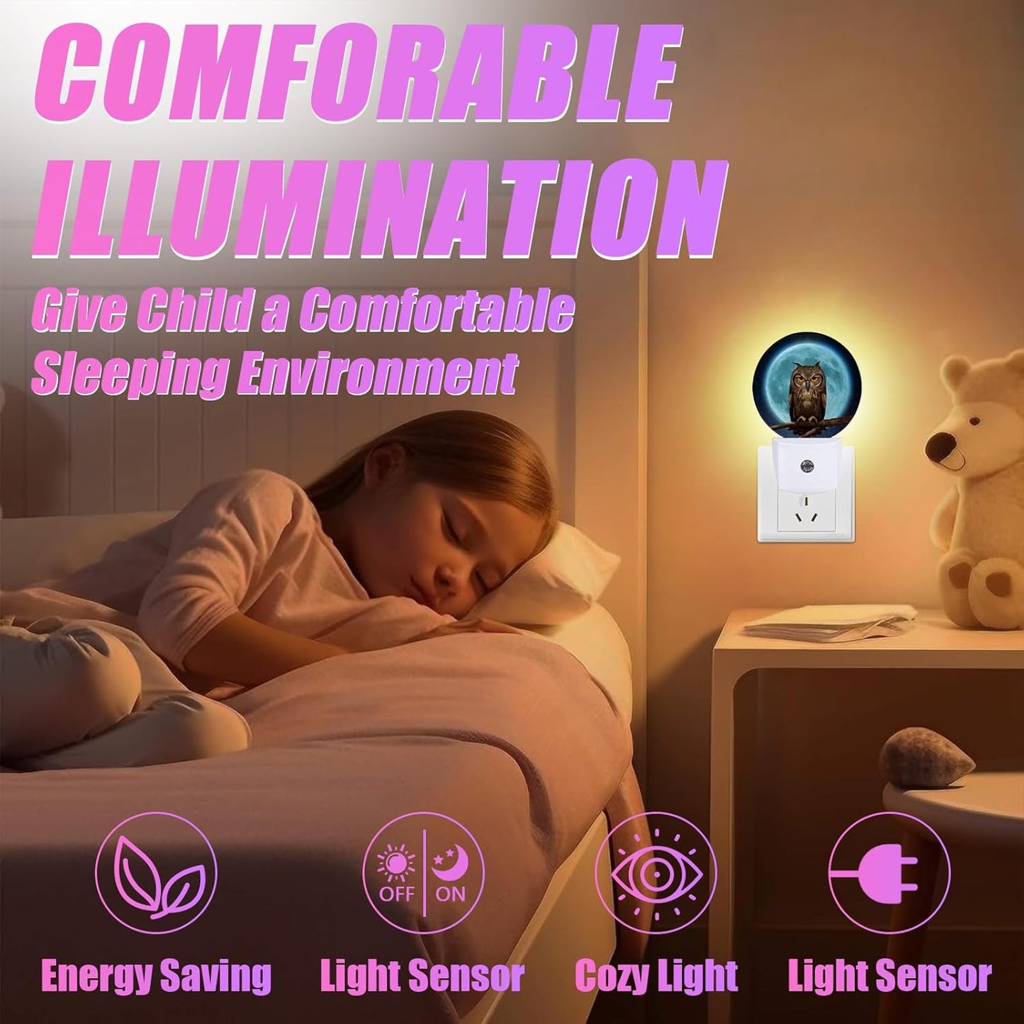 Owl Moon Night Light LED Lamp Round Plug into Wall Nightlight with Dusk to Dawn Sensor Home Hallway Stairway Kitchen Decor