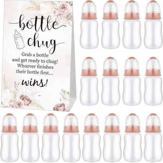 TrelaCo Bottle Chug Baby Shower Game 20 Pcs Baby Bottles Shower Favor with 1 Boho Theme Sign for Gender Reveal Party Supplies Gifts(Brown)