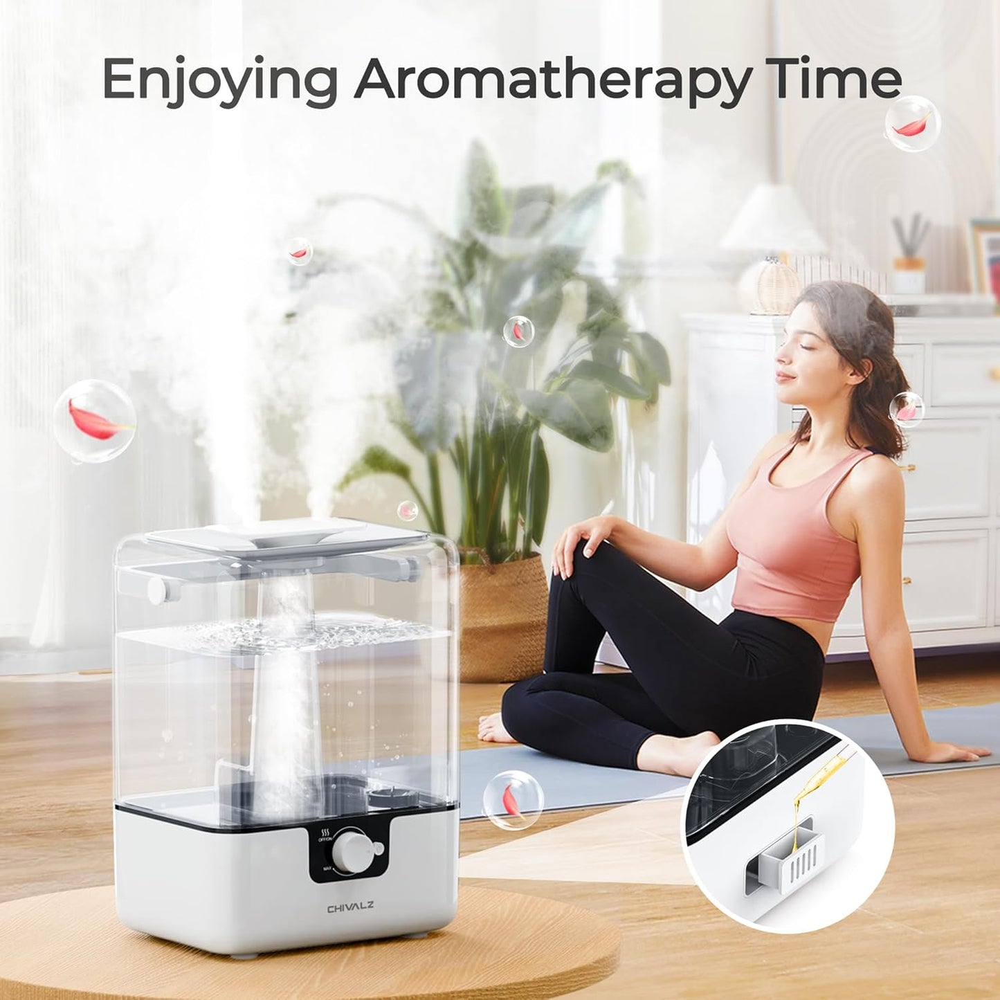 CHIVALZ Humidifiers for Bedroom, 6L Cool Mist Humidifiers for Baby Nursery, 26dB Quiet, 50H Runtime, Top Fill Humidifier for Large Room, Home, Plants, Nightlight, Oil Diffuser 1 Pack White