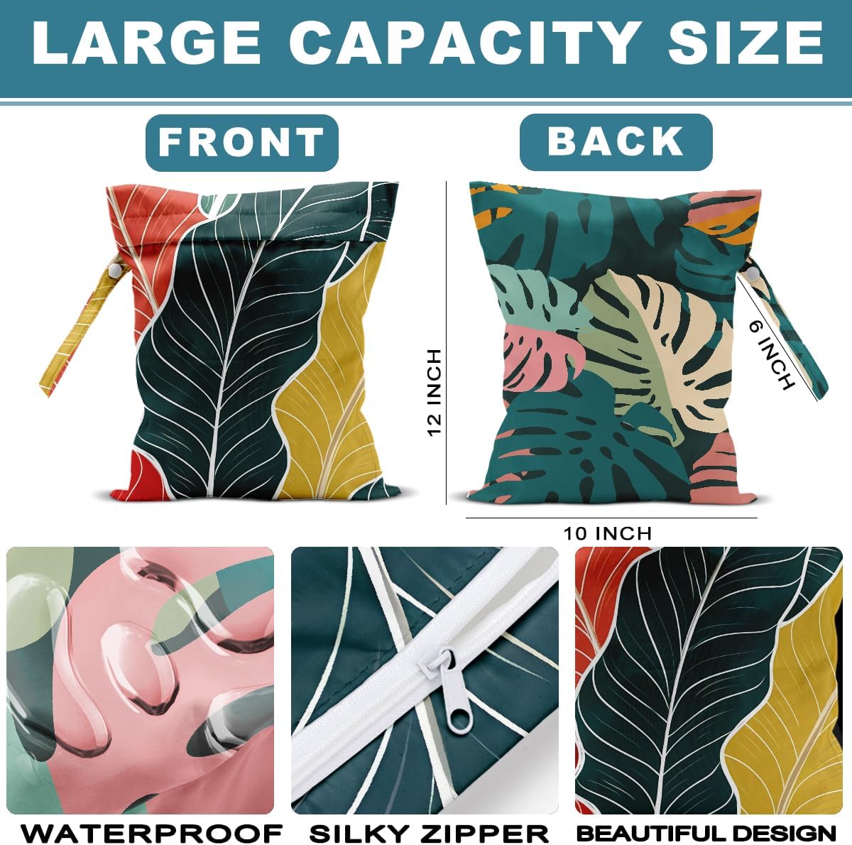 ZHAMEN 2Pcs Palm Leaves Wet Bag 12x10 Inch, Green Summer Waterproof Travel Laundry Bags, Washable Reusable Wet Dry Bag for Swimsuit Beach Diapers Dirty Yoga Gym Clothes, Plant Gifts for Women Friend