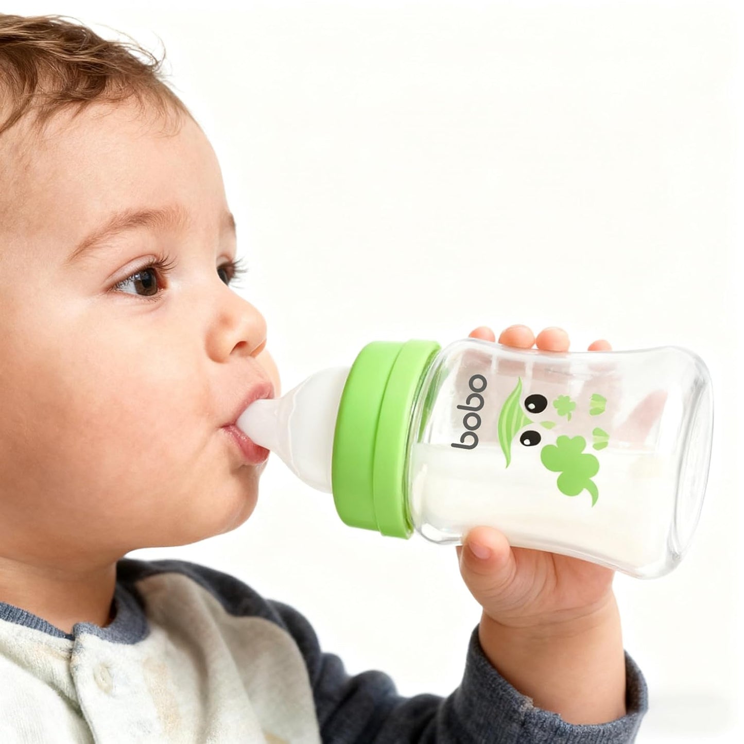 YOHKOH Glass Baby Bottles with Slow Flow Nipple, Newborn Anti-Colic Baby Bottles for 0+ Months, Wide Neck Feeding Bottle, Clear (Green, 5oz (Pack of 2))