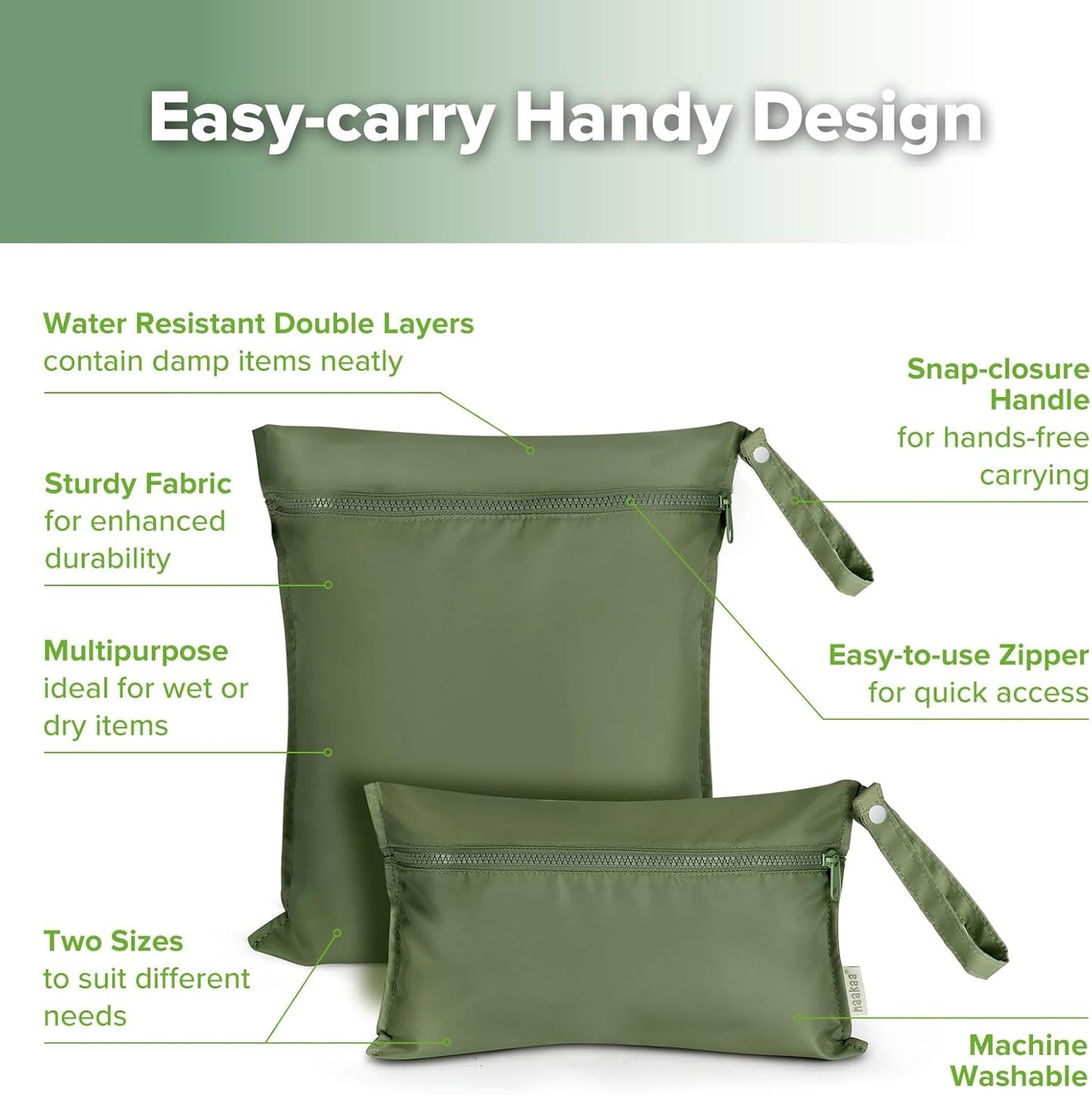 haakaa Waterproof Wet Bags for Baby Wet Dry Bags for Cloth Diaper, Swimsuit & Travel, 2pcs, Olive Green