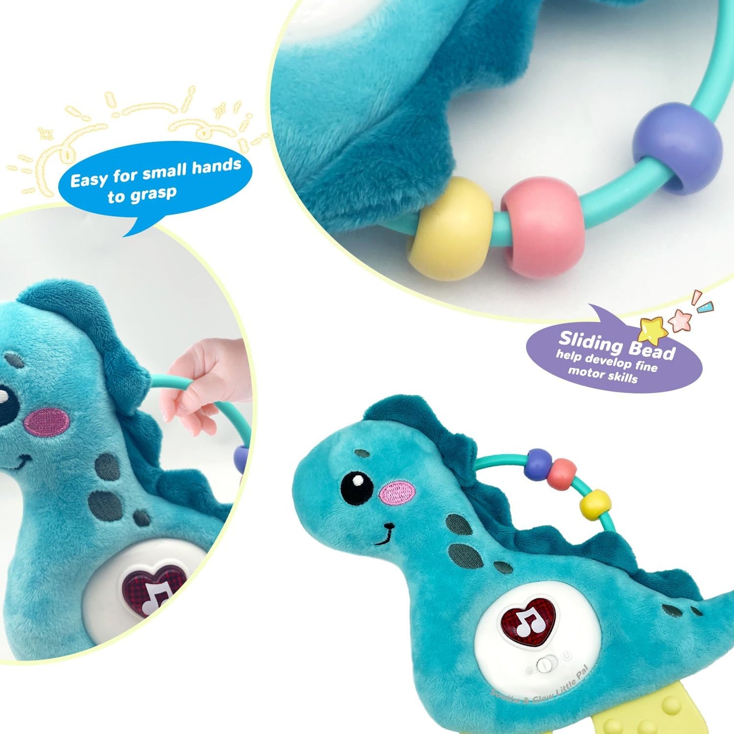 Baby Musical Activity Soft Toys with Sound & Light, Sensory Toys for Infant Developmental with Teether, Rattle and Textures, Soft Plush Toy for Newborn Gift 6 to 12 Months (Blue Dinosaur)