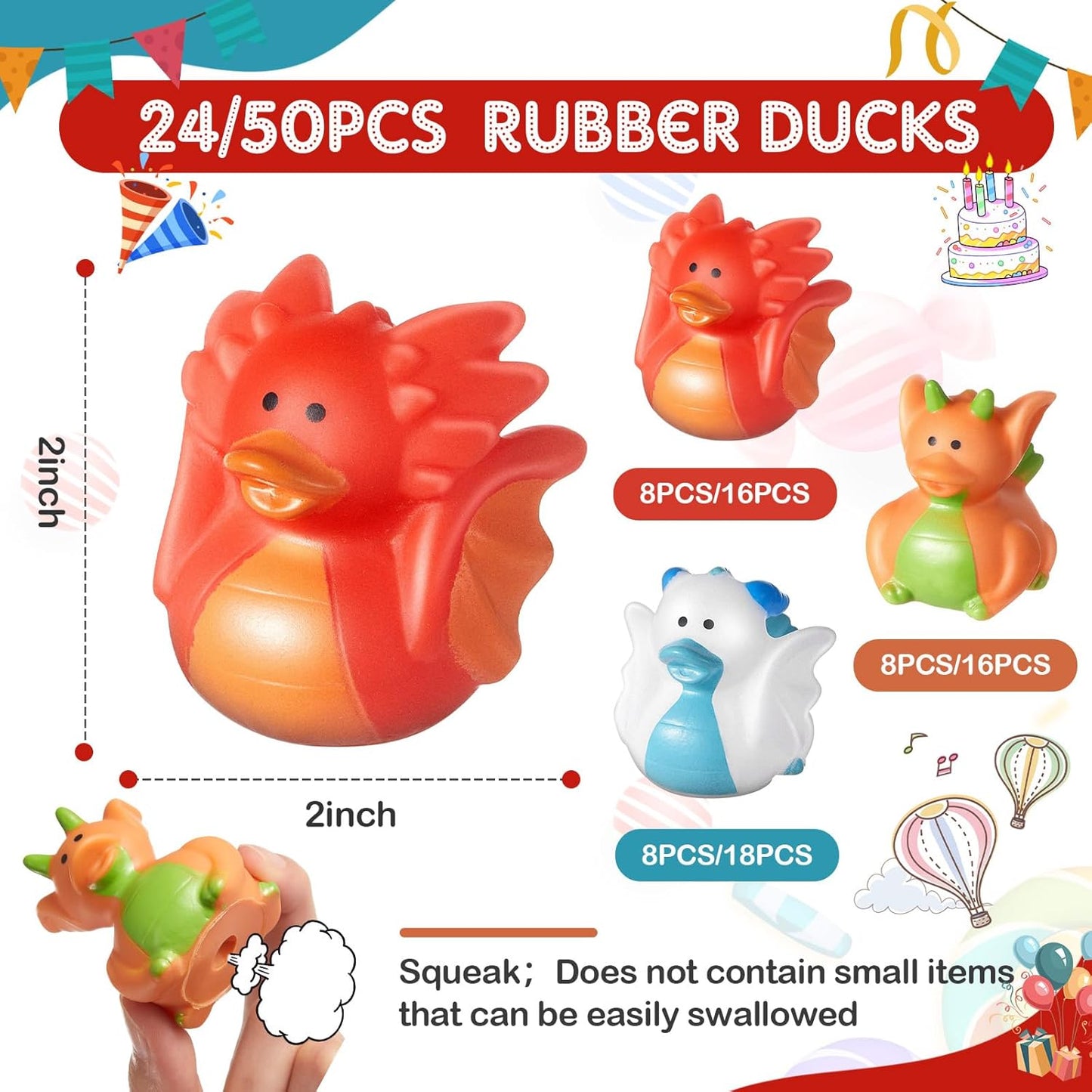 Deekin 24 Pcs Assorted Rubber Ducks in Bulk, 2 Inch Rubber Duckies for Party Supplies, Mini Bath Toys for Baby Shower Pool Party (Dragon)