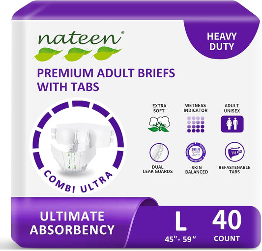 Nateen Combi Ultra Adult Diapers with Tabs for Women and Men, Ultimate Absorbency Protective Incontinence Briefs, Heavy Duty, Leakproof and Skin-Friendly Incontinence Underwear.Large, 40Count