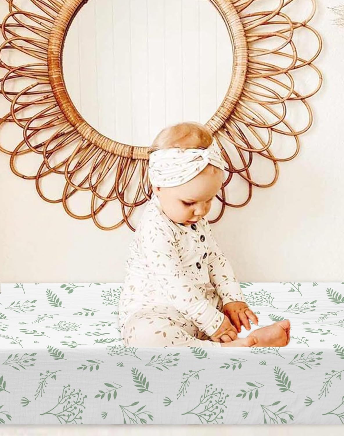 Changing Pad Cover for Baby Boy Girl 2 Pack, Muslin Changing Table Pad Covers with Boho Style, Neutral Nursery Bedding Essentials Soft and Breathable (Fern Leaf & Sage)