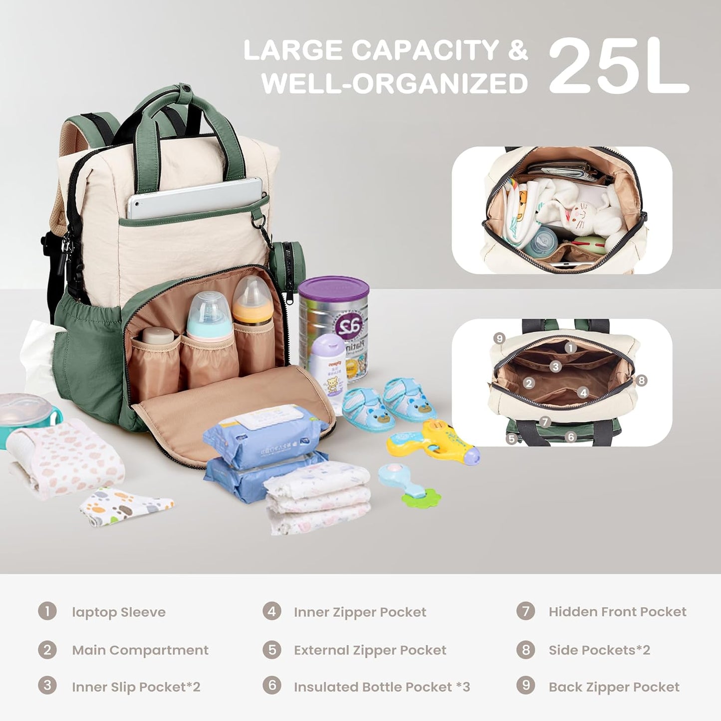 VONAL Diaper Bag Backpack, Lightweight Baby Diaper Bags, Travel Large Diaper Bag with Changing Station, Green Diaper Backpack for Boys Girls Newborn with Insulated Pockets, Stroller Straps