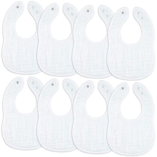 Comfy Cubs Muslin Bibs for Babies, Pack of 8 - Soft and Highly Absorbent, Feeding, Drool and Teething Bib, Adjustable Snaps - Stylish & Colorful Unisex Designs, Giftable Set - White