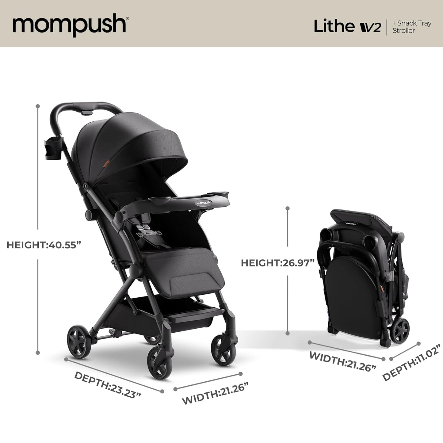 Mompush Lithe V2 Lightweight Travel Stroller, Compact Foldable Baby Stroller with Travel Bag, One-Hand Fold Stroller, Snack Tray, Mechanical Recline Seat, Airplane-Ready, Organizer & Rain Cover