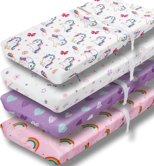 4 Pack Soft Baby Girl Changing Pad Cover Sheets for Chaning Pad Unicron Rainbow Heart Cute Neutral Polyester Unisex Fitted Changing Pad Cover Sheets Set for Baby Girls