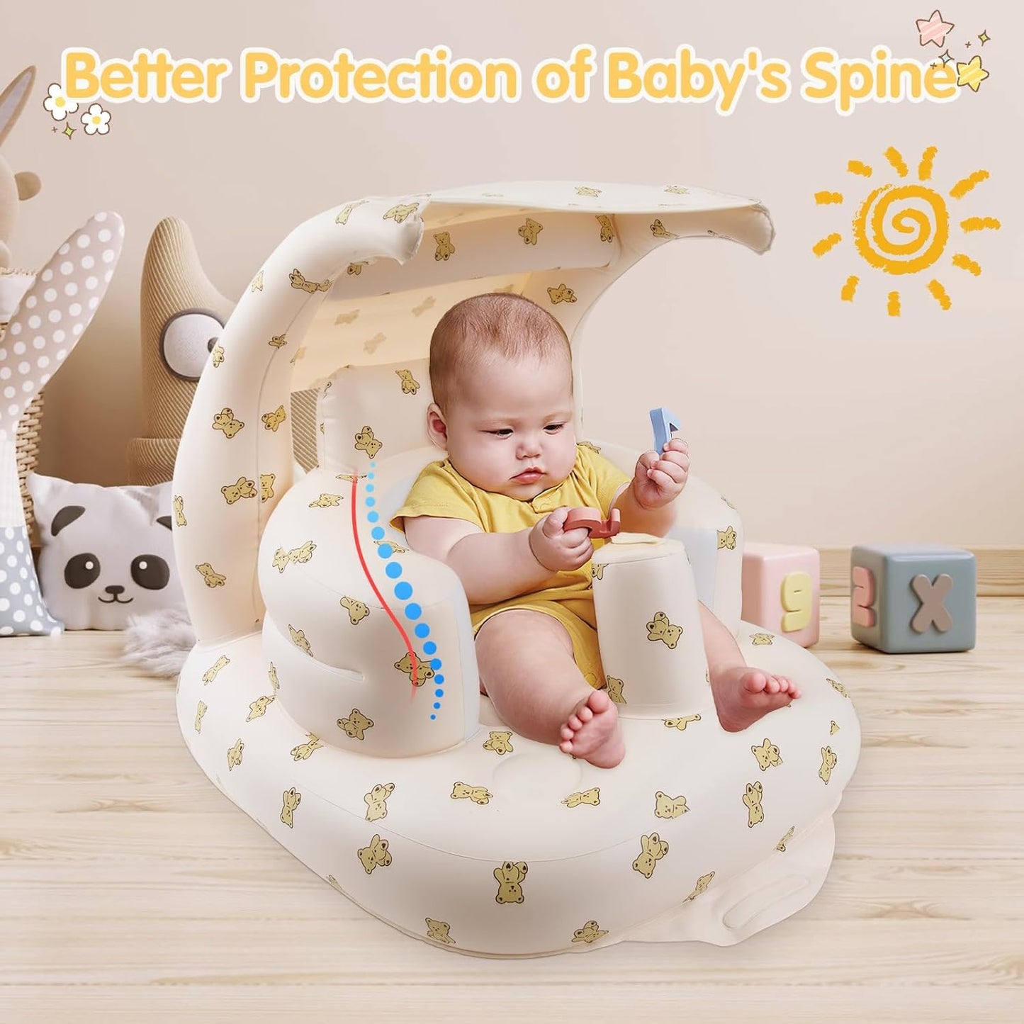Inflatable Baby Seat with Integrated Canopy for Babies 3 Months & Up, Baby Floor Seats for Sitting Up, Baby Seats for Infants, Blow Up Baby Chair with Built in Air Pump - Bear