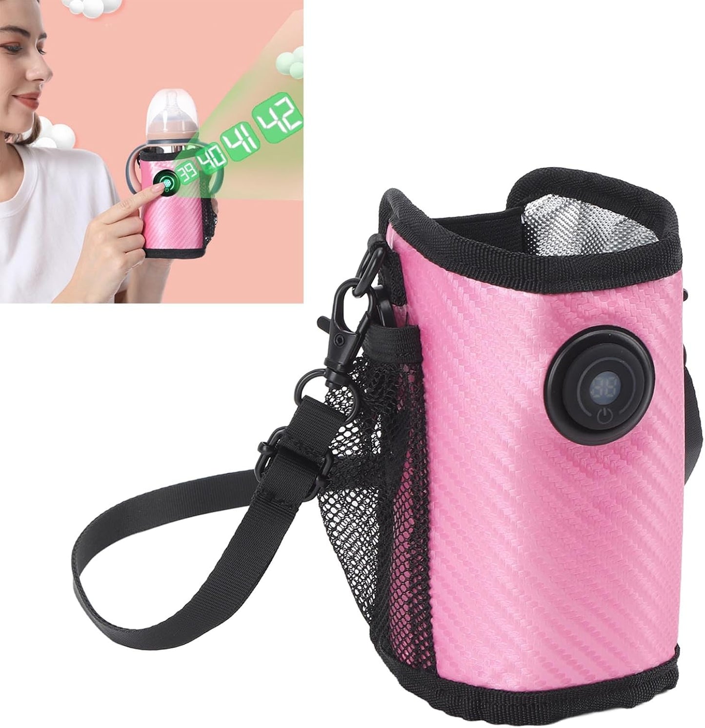 SIXRUN Baby Milk Bottle Warmer Bag, Portable Baby Bottle Heater with 23 Levels of Temperature Control (Rose Red)