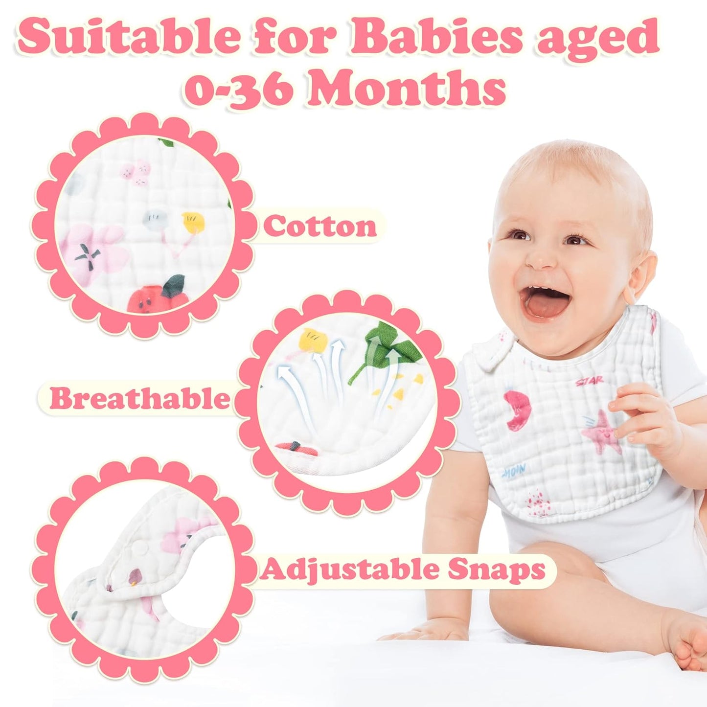 Zainpe 6Pcs Snap Muslin Cotton Baby Bibs Star Cat Rabbit Pattern Adjustable Feeding Bib Machine Washable Unisex Burp Cloths with 6 Absorbent & Soft Layers for Infant Toddler Newborn Eating Drooling