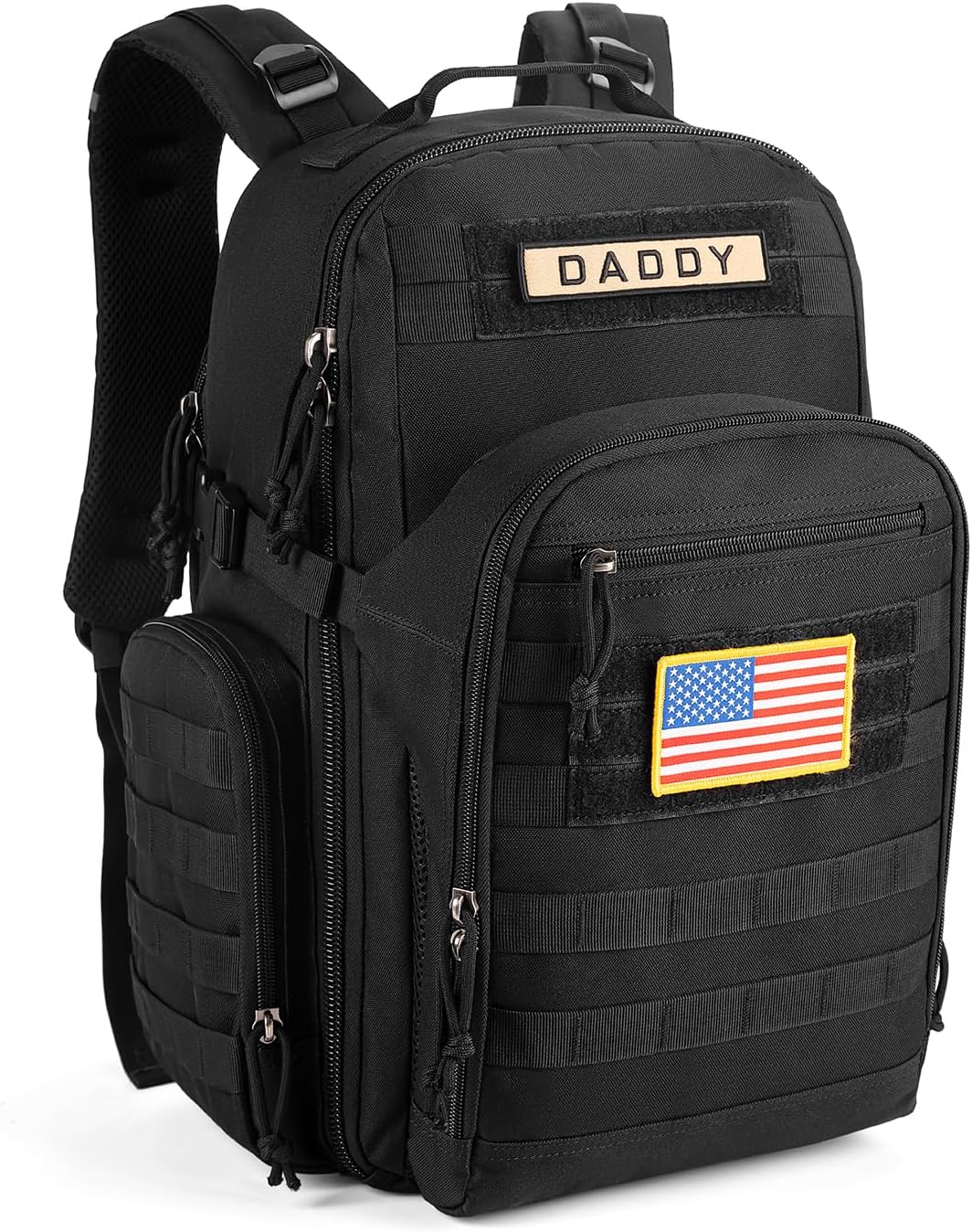 SHARKMOUTH Dad Diaper Bag Backpack - Military Baby Gear Backpacks with Daddy Patches Black