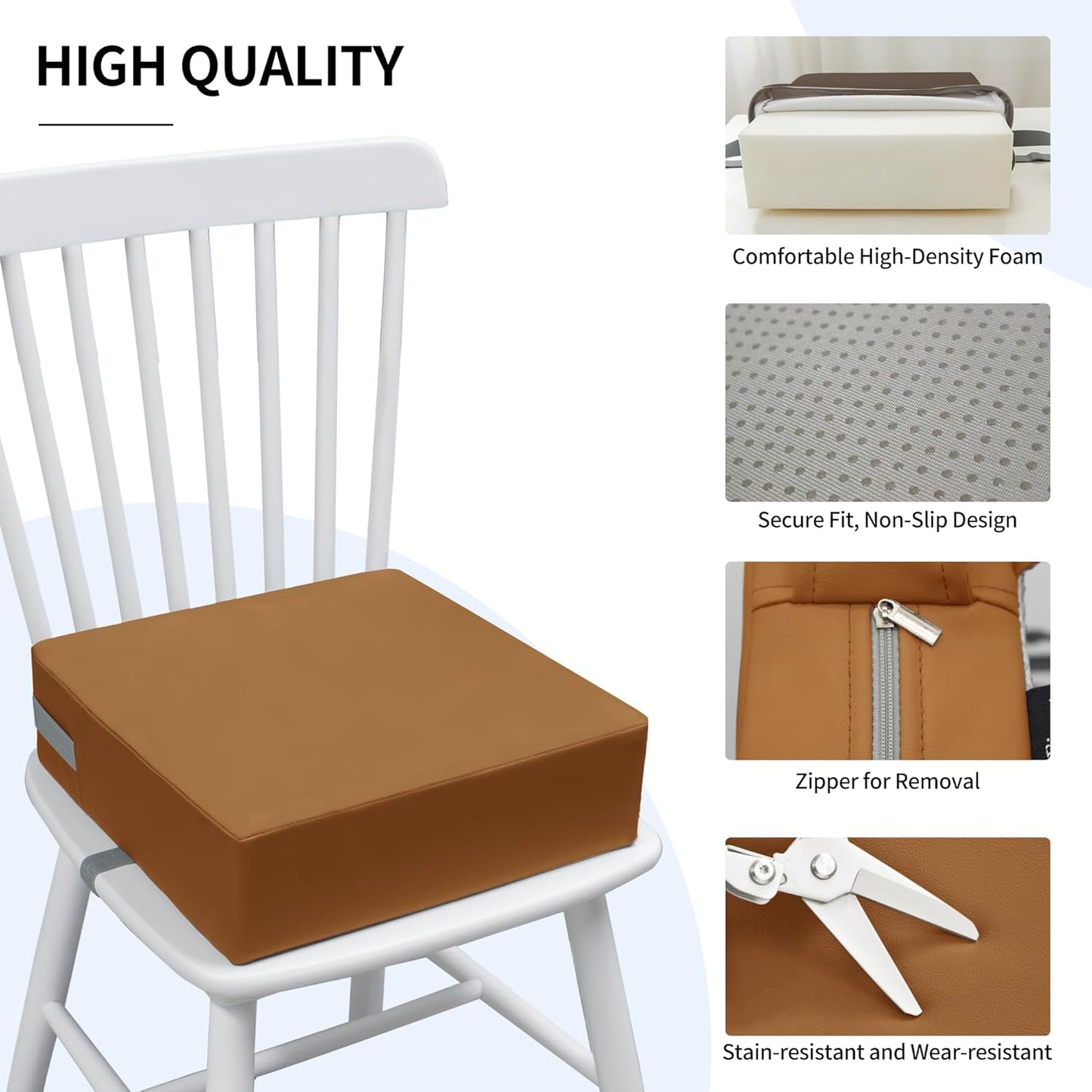 Toddler Booster Seat for Dining Table, 2 Elastic Seat Belts, Anti-Scratch PU Skin-Friendly, Waterproof, Anti-Wrinkle, Detachable Non-Slip Bottom - Brown