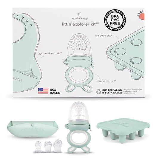 Moss and Fawn Little Explorer Kit - Silicone Frozen Breast Milk Popsicle Kit with Forage Feeder, Teething Popsicle Ice Cube Tray, & Gather & Roll Baby Feeding Bib - BPA, PVC, & Lead-Free - Fern