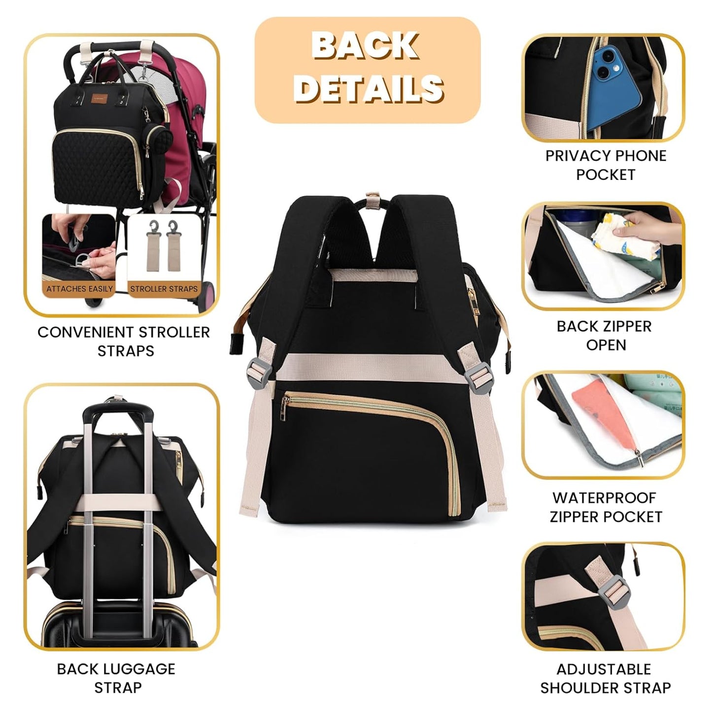 Diaper Bag Backpack with Changing Pad Pacifier Case, Baby Bag for Boy Girl Toddler - Large,Stylish, Waterproof Travel Quilted Diaper Bag for Mom - Baby Shower Gifts, Black