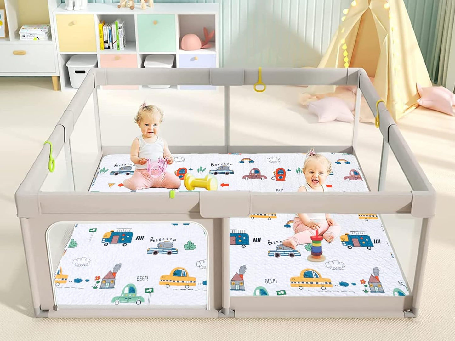 Washable Baby Play Mat for Babies 63x43” Portable, Foldable Toddler Playpen Non-Slip Baby Tummy Time Mat, Soft Floor Play for Infants Extra Large Crawling Mats Car