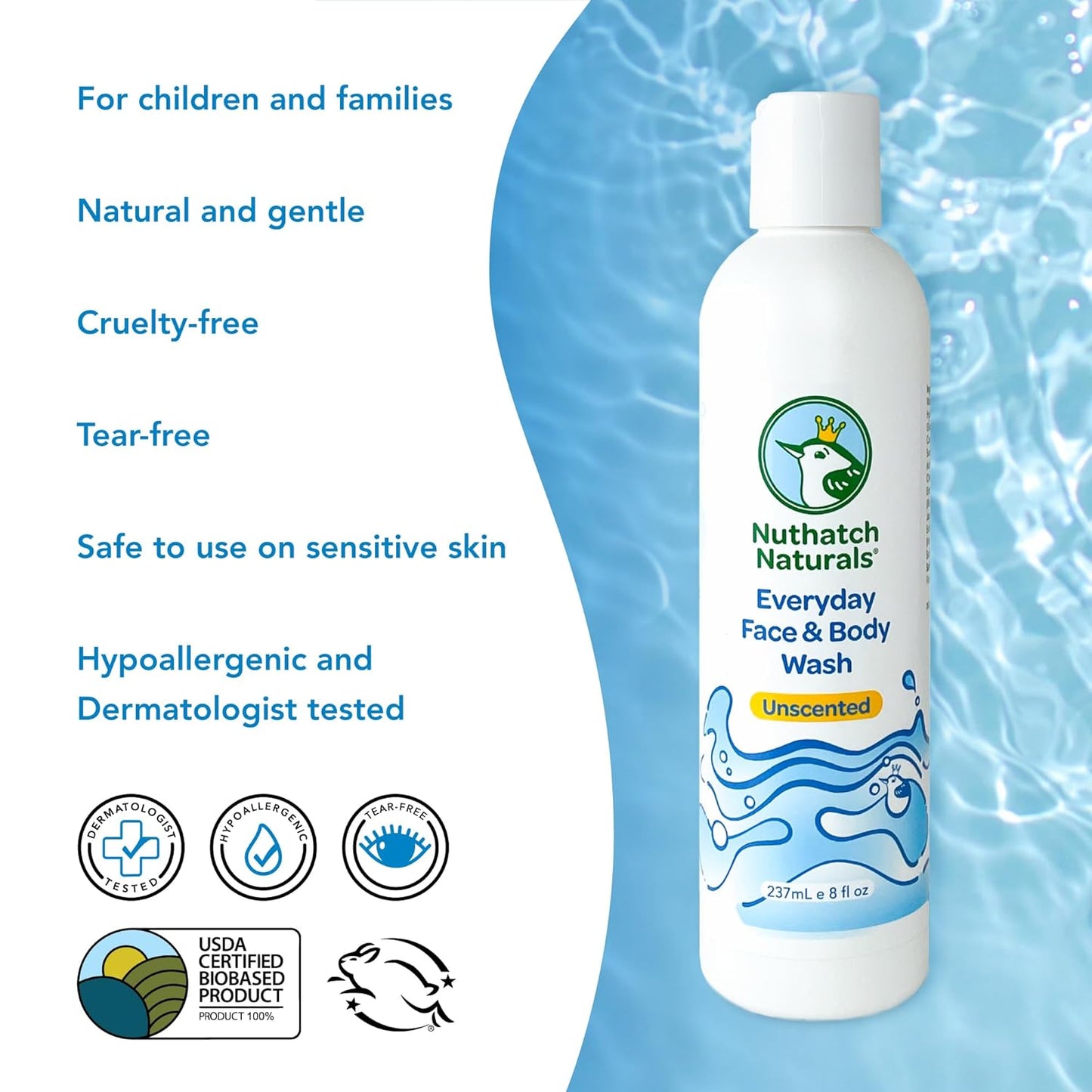 Everyday Face & Body Wash for Kids - Gentle, Plant Based, Non-Toxic, Hypoallergenic Cleansing Sensitive Skin Care for Kids