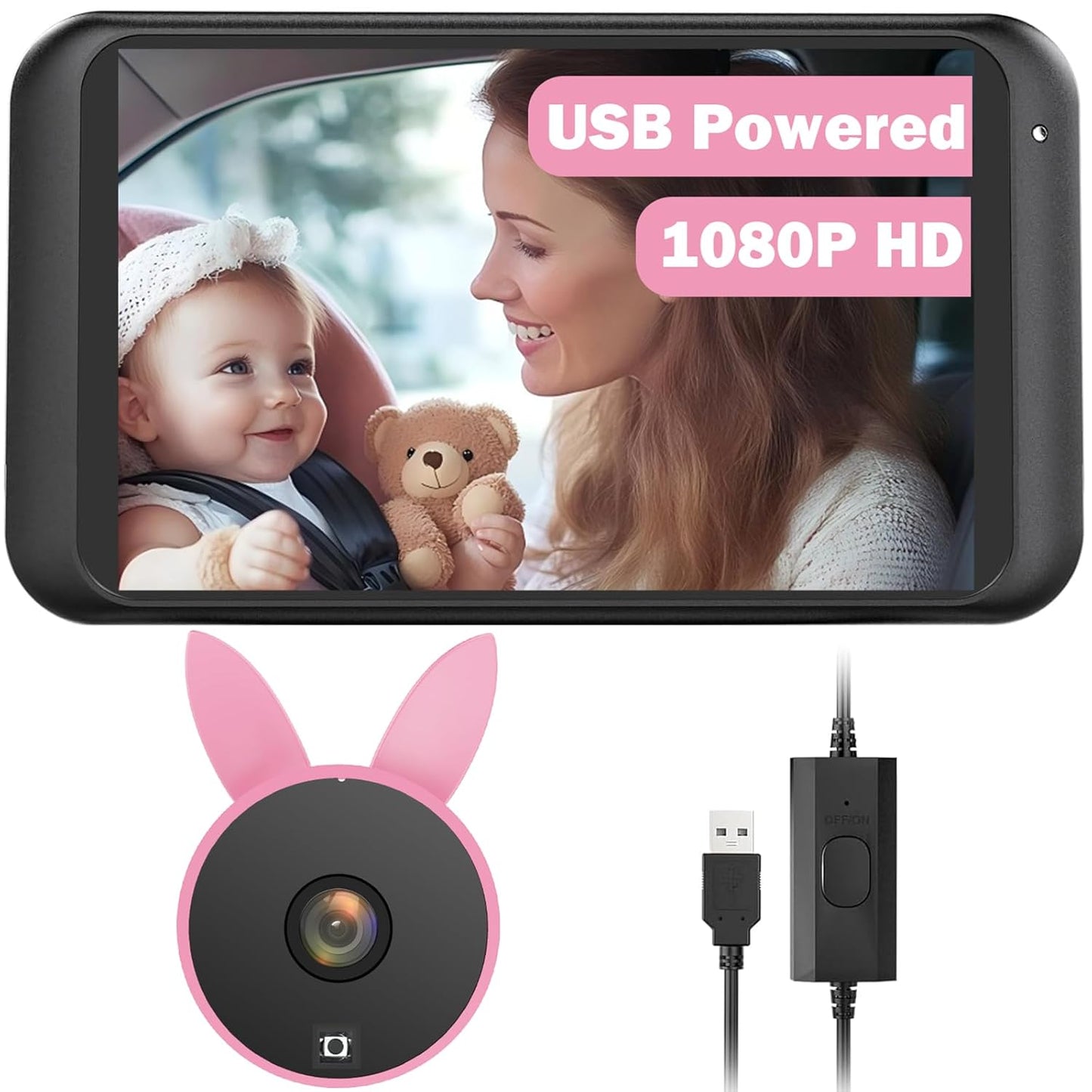 Babyvue BV2 USB Baby Car Camera: 4.5" 1080P Car Seat Camera with IR Night Vision & Shockproof Clip, Real-Time Infant Monitoring, Baby Must Have Gift for New Moms & Newborn Essentials